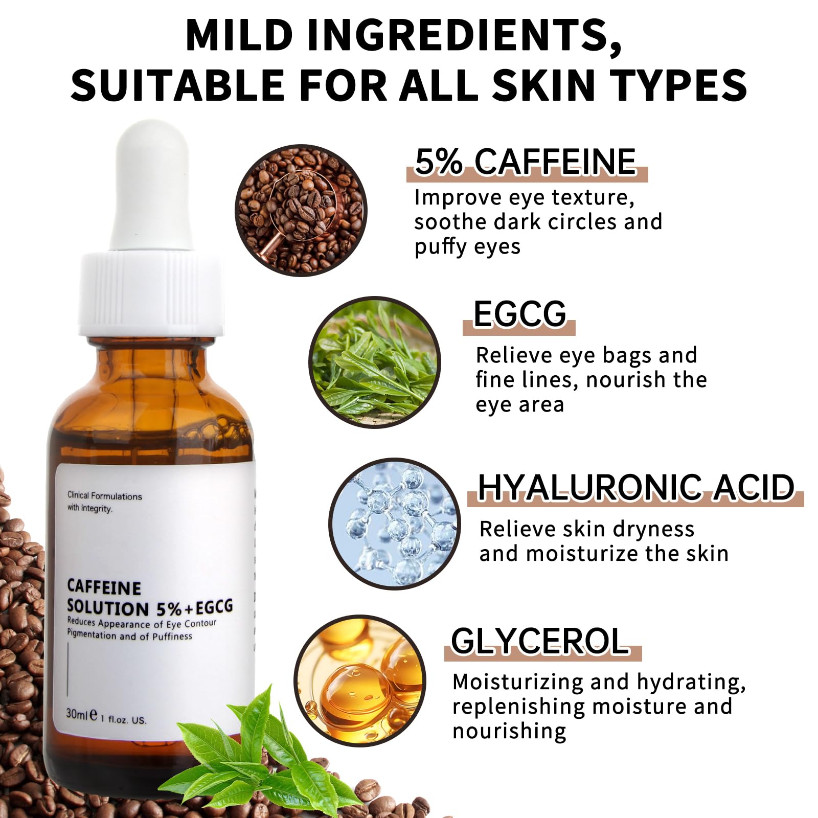 Caffeine Eye Serum With EGCG For Dark Circles and Puffiness, 30ML Anti Aging 5% Caffeine Solution For Puffy Eyes, Fine Lines, Moisturizing Under Eye Serum.