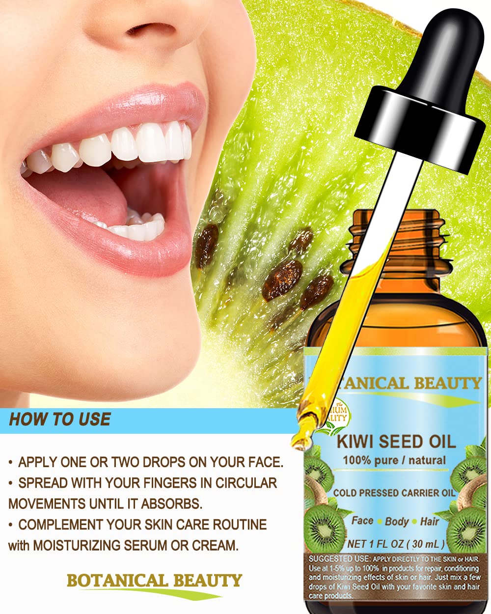 Botanical Beauty KIWI SEED OIL. 100% Pure Natural Undiluted Virgin Cold Pressed Carrier Oil. 0.5 Fl.oz.- 15 ml for Face, Skin, Body, Hair, Nail Care