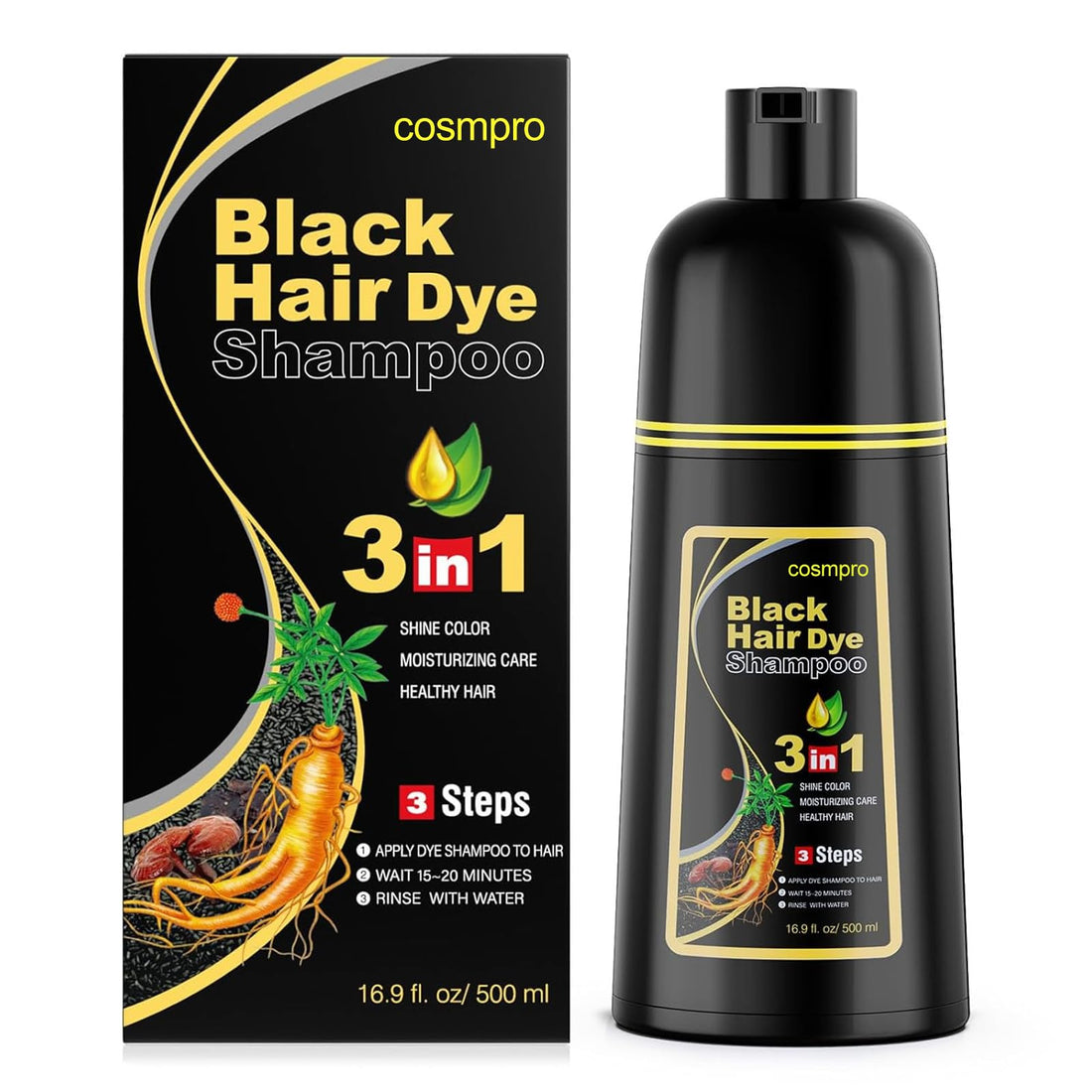 cosmpro Black Hair Dye Shampoo 3 in 1 for Women/Men for Gray Coverage Instant Hair Color Shampoo Natural Herbal Semi Permanent Champu Para Cana