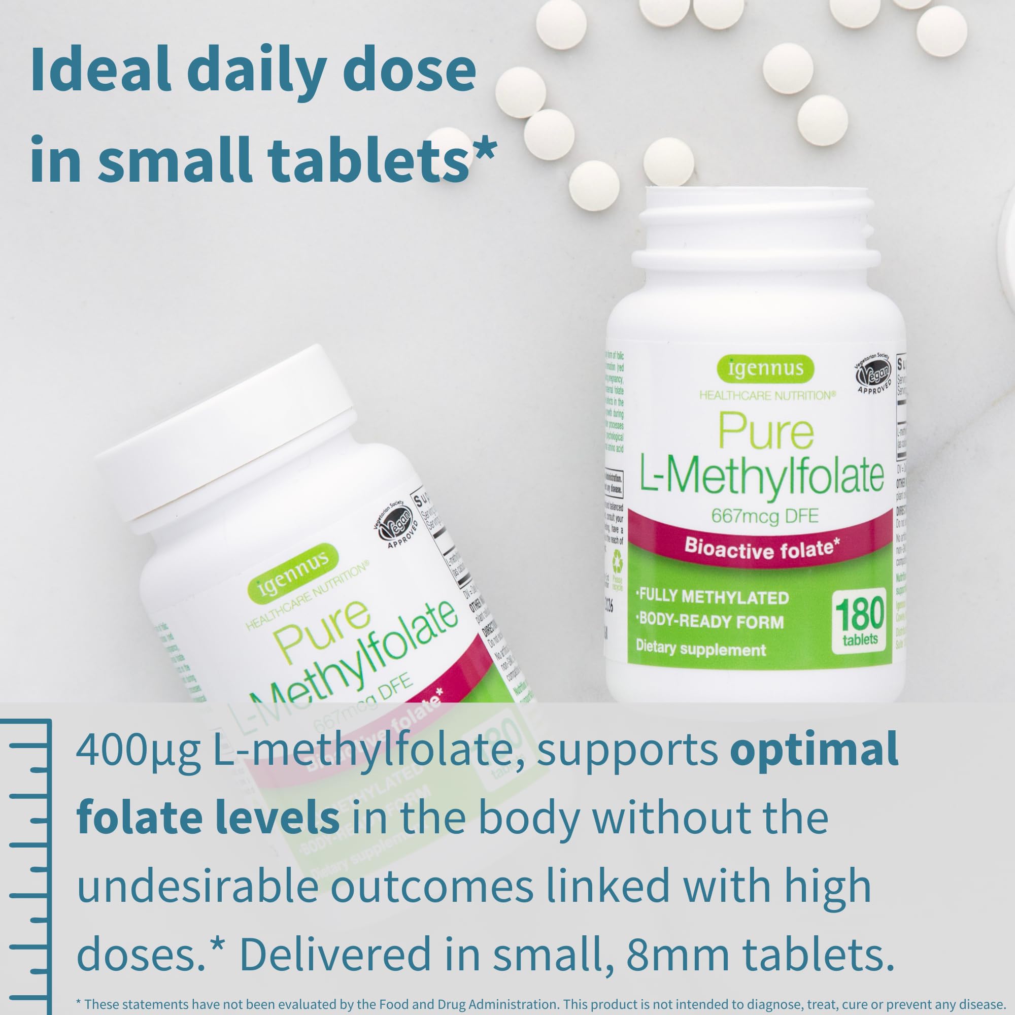 Igennus Pure Folate 400mcg, Clean Label, Optimized Methylfolate 667 mcg DFE, MTHFR Supplement for Women & Men, 180 Small Tablets, Lab Verified, Vegan & Hypoallergenic