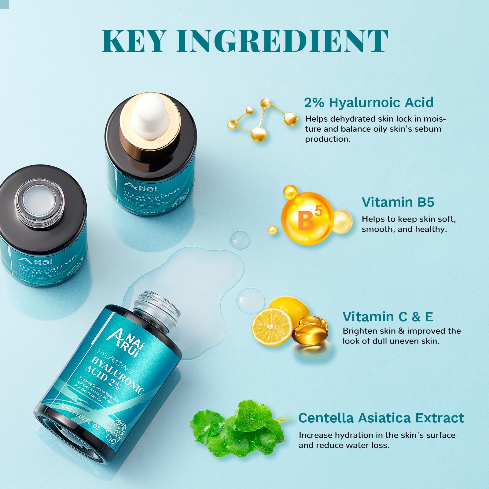 ANAI RUI Hyaluronic Acid Serum for Skin 2% with Vitamin B5, C& E - Intense Hydration + Moisturizer, Plumps & Increase Firmness, Non-greasy, Paraben-free - 1. Fl Oz