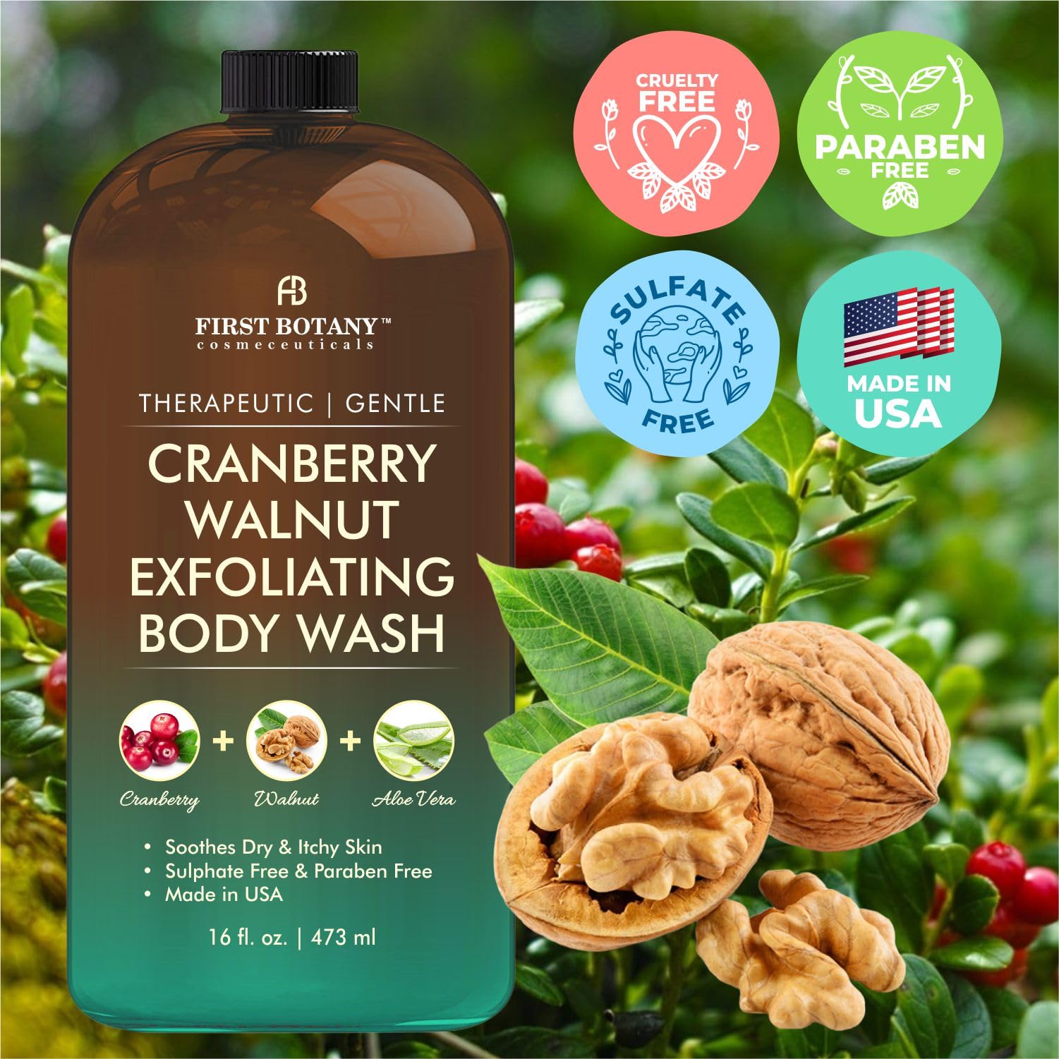 First Botany All Natural Body Wash - Fights Body Odor, Athlete’s Foot, Jock Itch, Nail Issues, Dandruff, Acne, Eczema, Shower Gel for Women & Men, Skin Cleanser -16 Fl Oz (Cranberry Walnut)