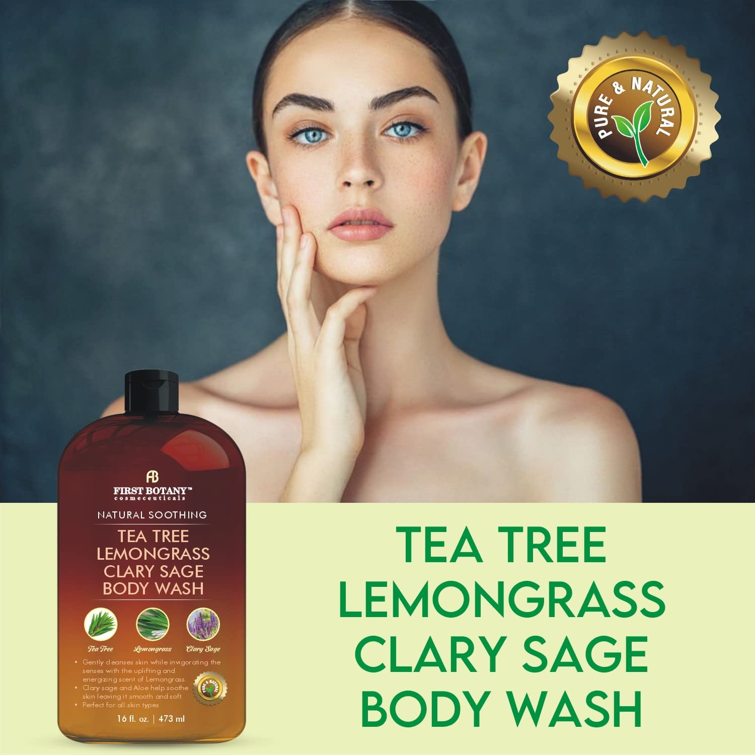 First Botany, ALL Natural Body Wash, Fights Body Odor, Athlete's Foot, Jock Itch, Dandruff, Acne, Eczema, Shower Gel for Women & Men, Skin Cleanser -16 fl oz (Tea Tree, Lemon Grass, Clary Sage)