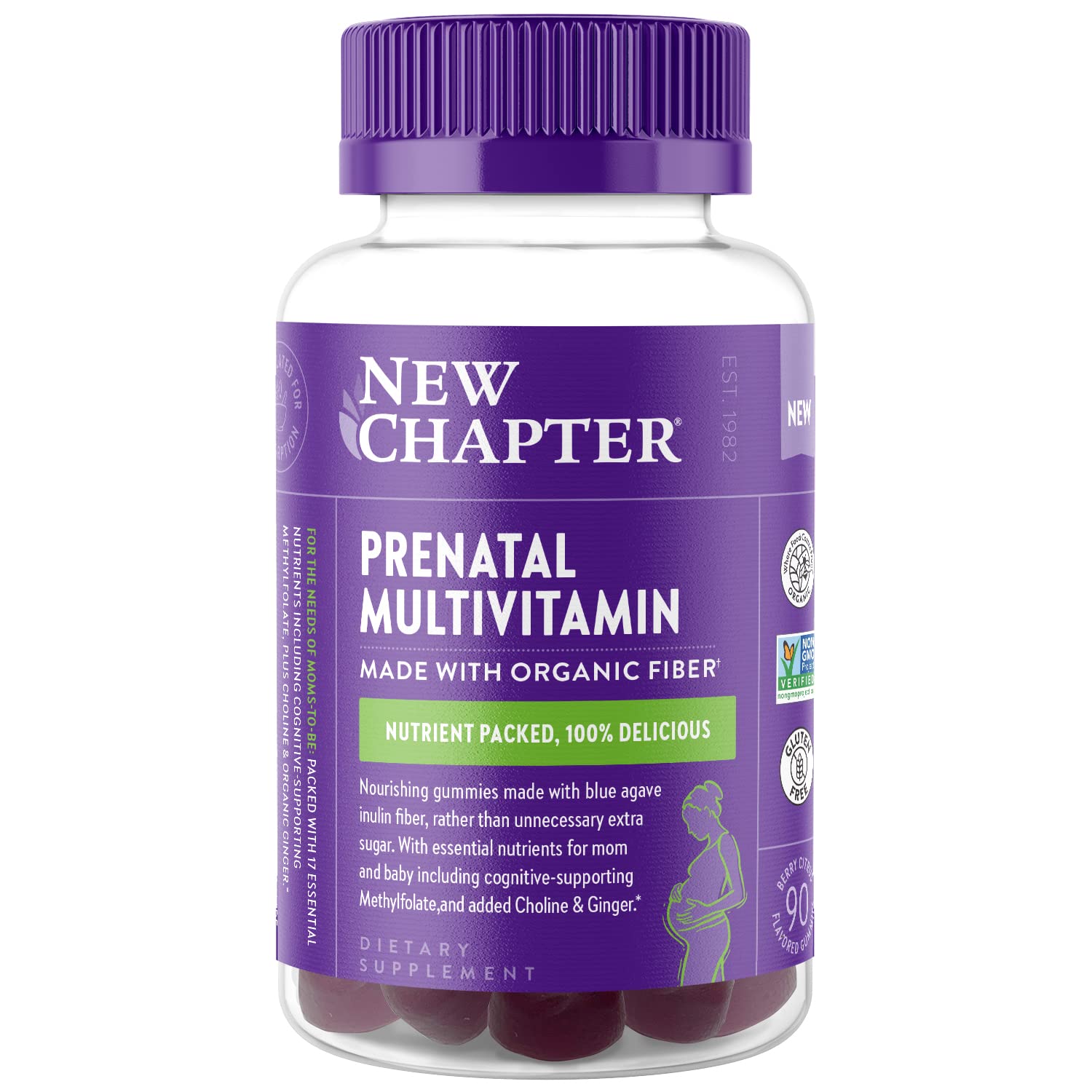 New Chapter Prenatal Multivitamin Gummies – 71% Less Sugar, Prenatal Gummies for Mom & Healthy Baby with Methylfolate, Vitamin D3, Choline + Ginger, Non-GMO, Gluten Free, Berry Citrus, 90ct