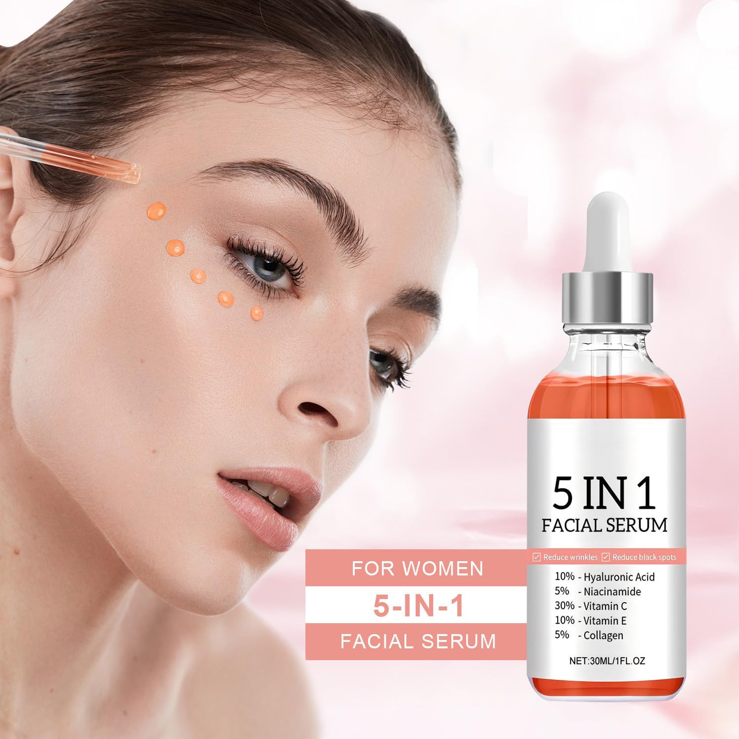 5 in 1 Facial Serum with Vitamin C, Vitamin E, Hyaluronic Acid, Niacinamide & Collagen, Vitamin C Face Serum for Women for Dull Skin & Facial Moisturizing, 1.05 Fl Oz
