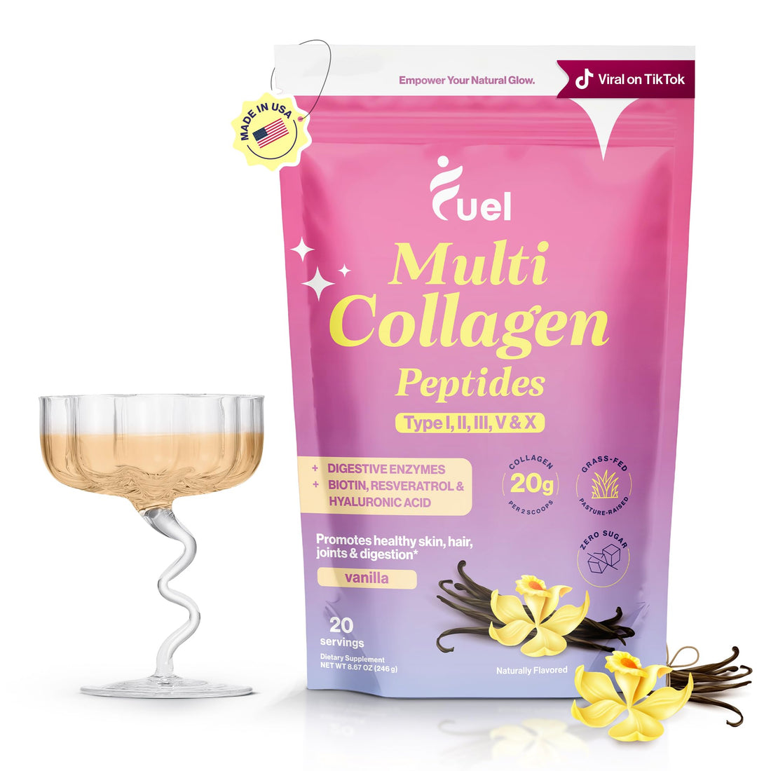Fuel Multi Collagen Protein Powder - Resveratrol Extract, Multi Collagen Peptides - Hydrolyzed Collagen for Women with Hyaluronic Acid & Biotin Collagen Powder Promote Skin, Hair & Nail French Vanila