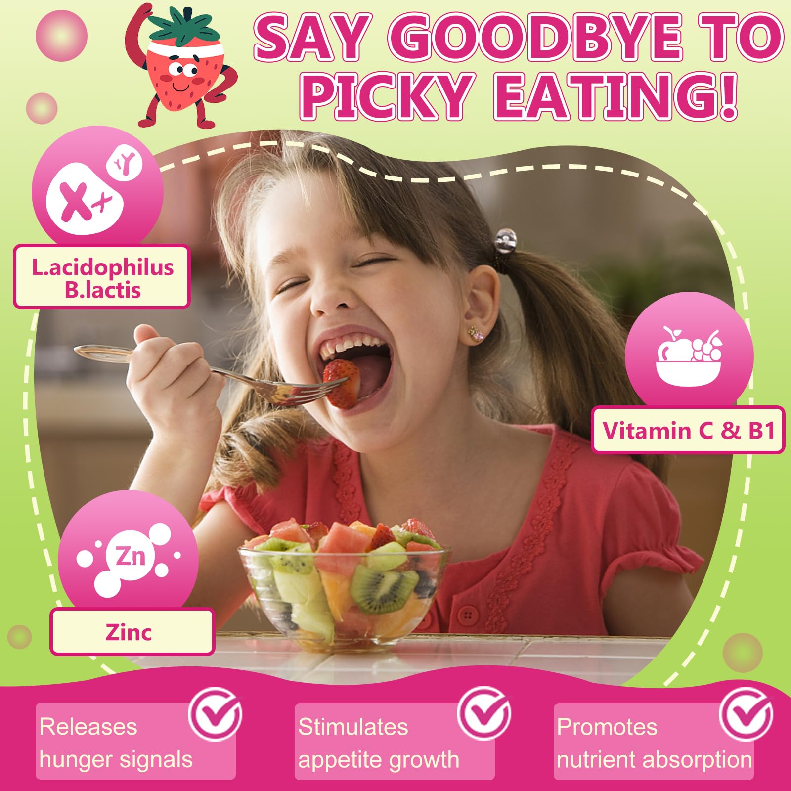 NATURE TARGET Kids Probiotic Chewable, 5 Billion CFUs Probiotics + Prebiotics for Ages 3+, Probiotics for Digestive Health, Immune Support & Appetite Booster, Natural Strawberry Flavor, 75 Servings