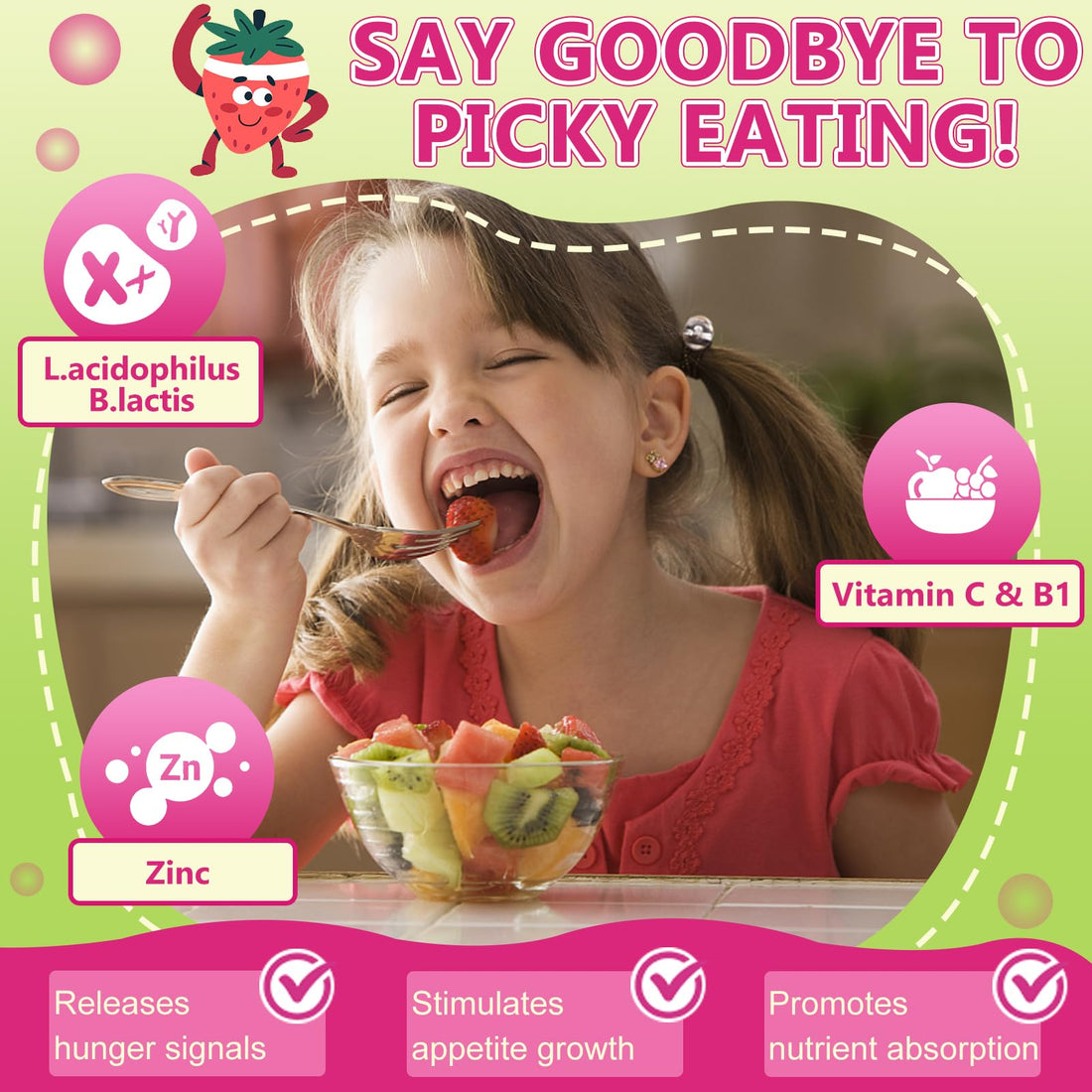 NATURE TARGET Kids Probiotic Chewable, 5 Billion CFUs Probiotics + Prebiotics for Ages 3+, Probiotics for Digestive Health, Immune Support & Appetite Booster, Natural Strawberry Flavor, 75 Servings