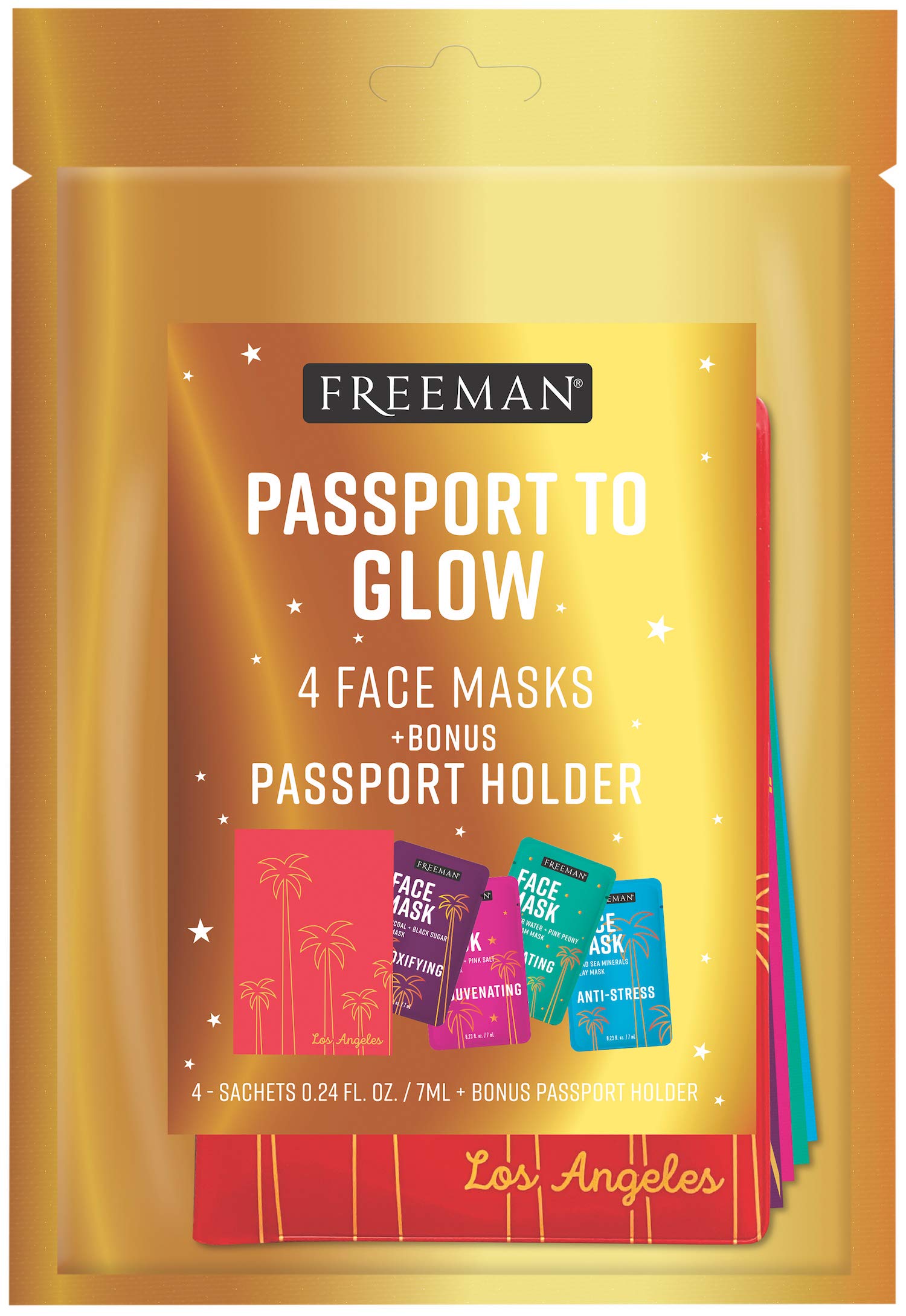 Freeman Passport to Glow Facial Mask Holiday Stocking Stuffer, Set of 4 sachets + Passport Holder