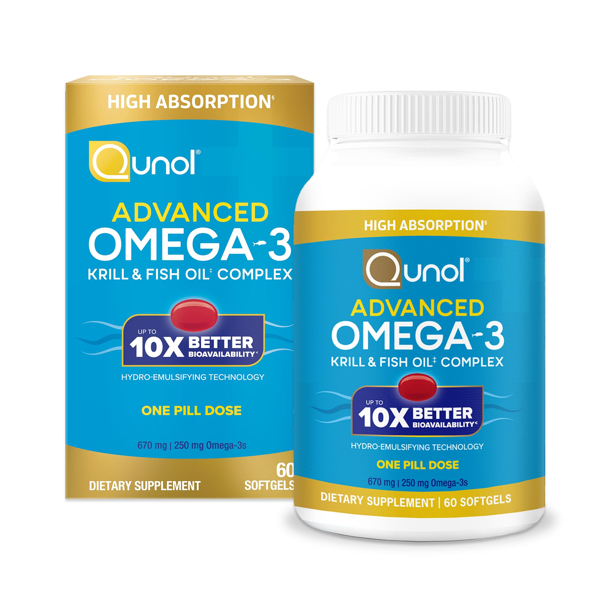 Qunol Advanced Omega 3 Krill and Fish Oil Complex, 10x Better Bioavailability, One Pill Dose, 250mg EPA & DHA, Supports Brain, Eye, Heart and Joint Health, 60 Count