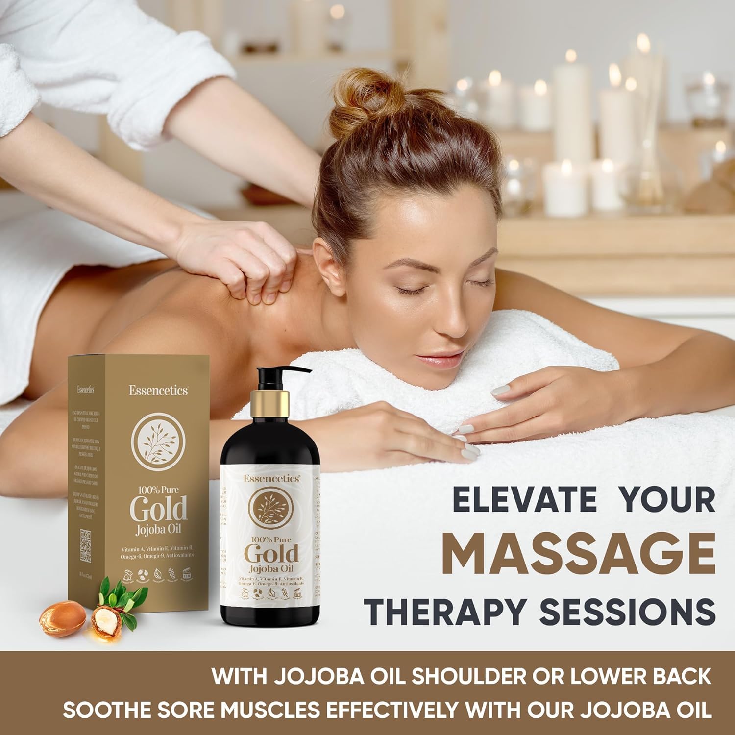 Essencetics Organic Jojoba Oil 16 oz - 100% Pure & Natural Jojoba Massage Oil for Hair, Skin, Body, & Face - Natural Cold Pressed Unrefined - Hexane Free Massage Oil for Massage Therapy & Date Night