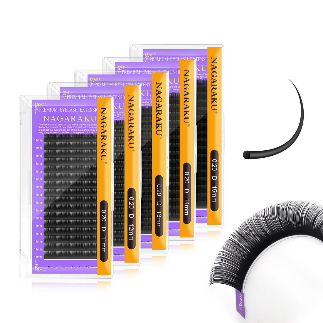 NAGARAKU 5 Trays Eyelash Extensions Individual Lashes 0.20mm D curl 11/12/13/14/15mm in 1 pack Classic Matte Black Natural Professional Faux Mink 16 rows