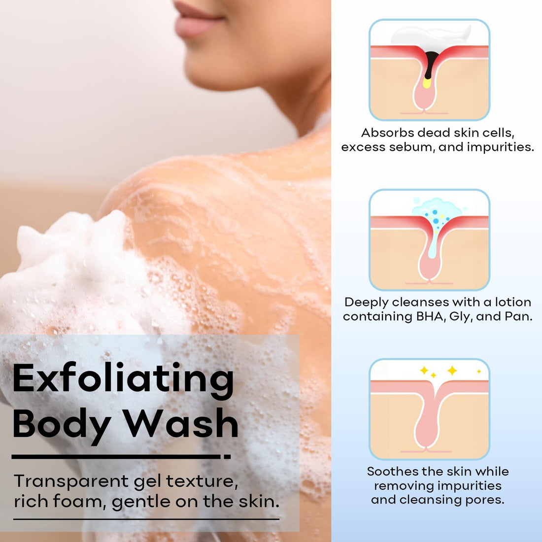 Body Wash, Salicylic Acid Body Wash to Exfoliate Rough and Bumpy Skin, Prevent Breakouts, Gently Exfoliates and Moisturizing, 10.14 FL OZ
