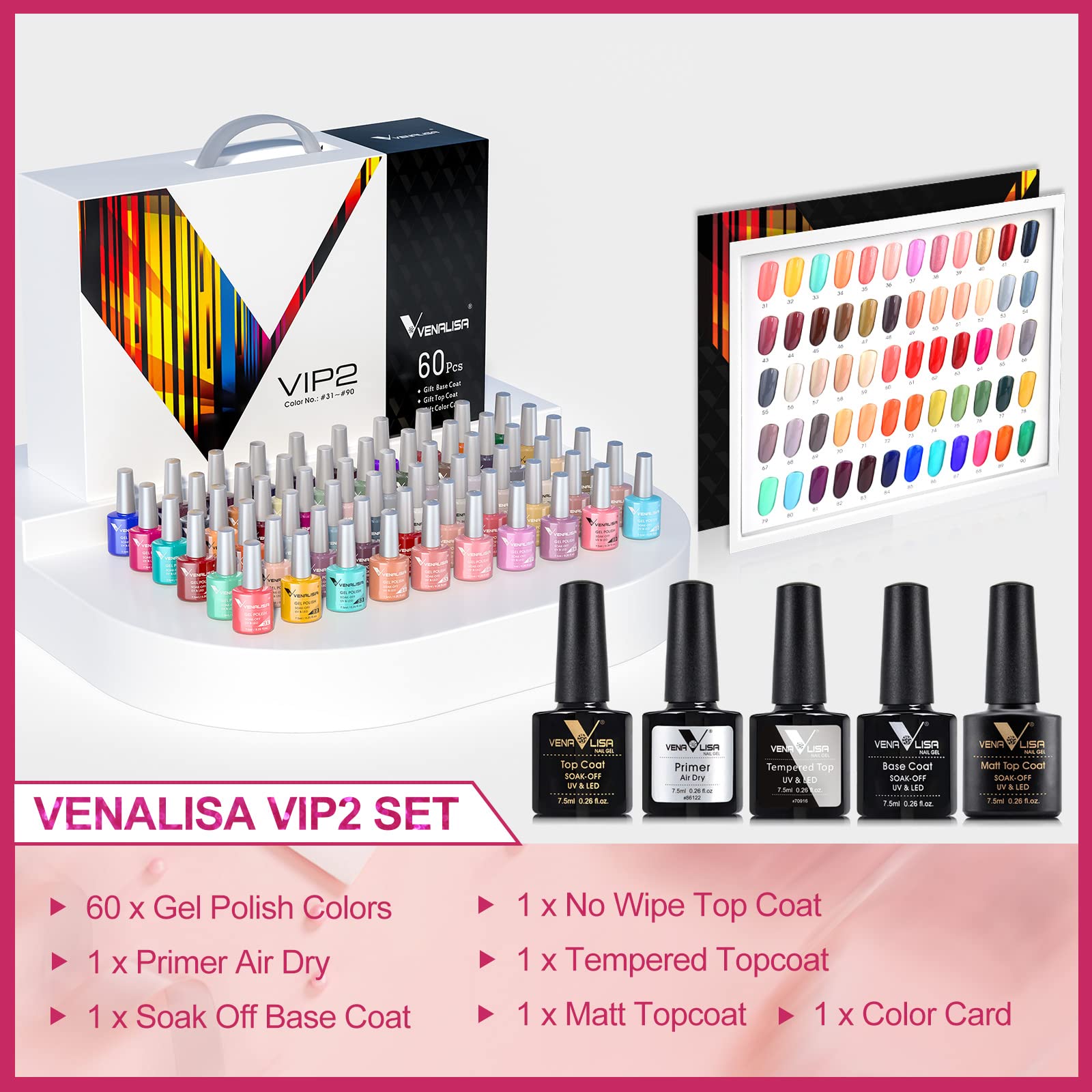 VENALISA VIP2 Set 65 Pcs Gel Nail Polish Kit with Base Top Coat ,Soak Off UV LED Nail Gel Polish with Colors Nail Art Starter Manicure Salon
