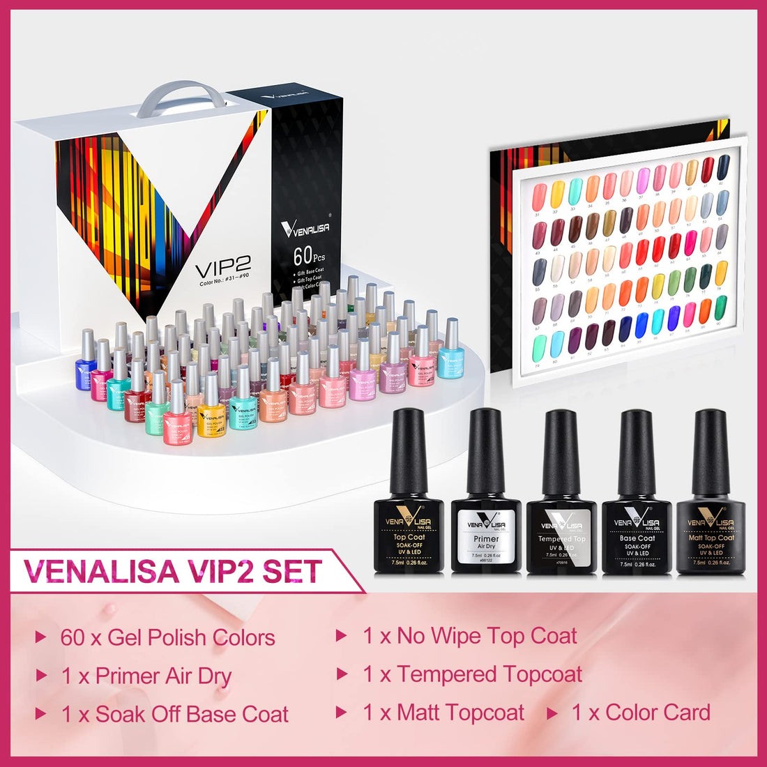 VENALISA VIP2 Set 65 Pcs Gel Nail Polish Kit with Base Top Coat ,Soak Off UV LED Nail Gel Polish with Colors Nail Art Starter Manicure Salon