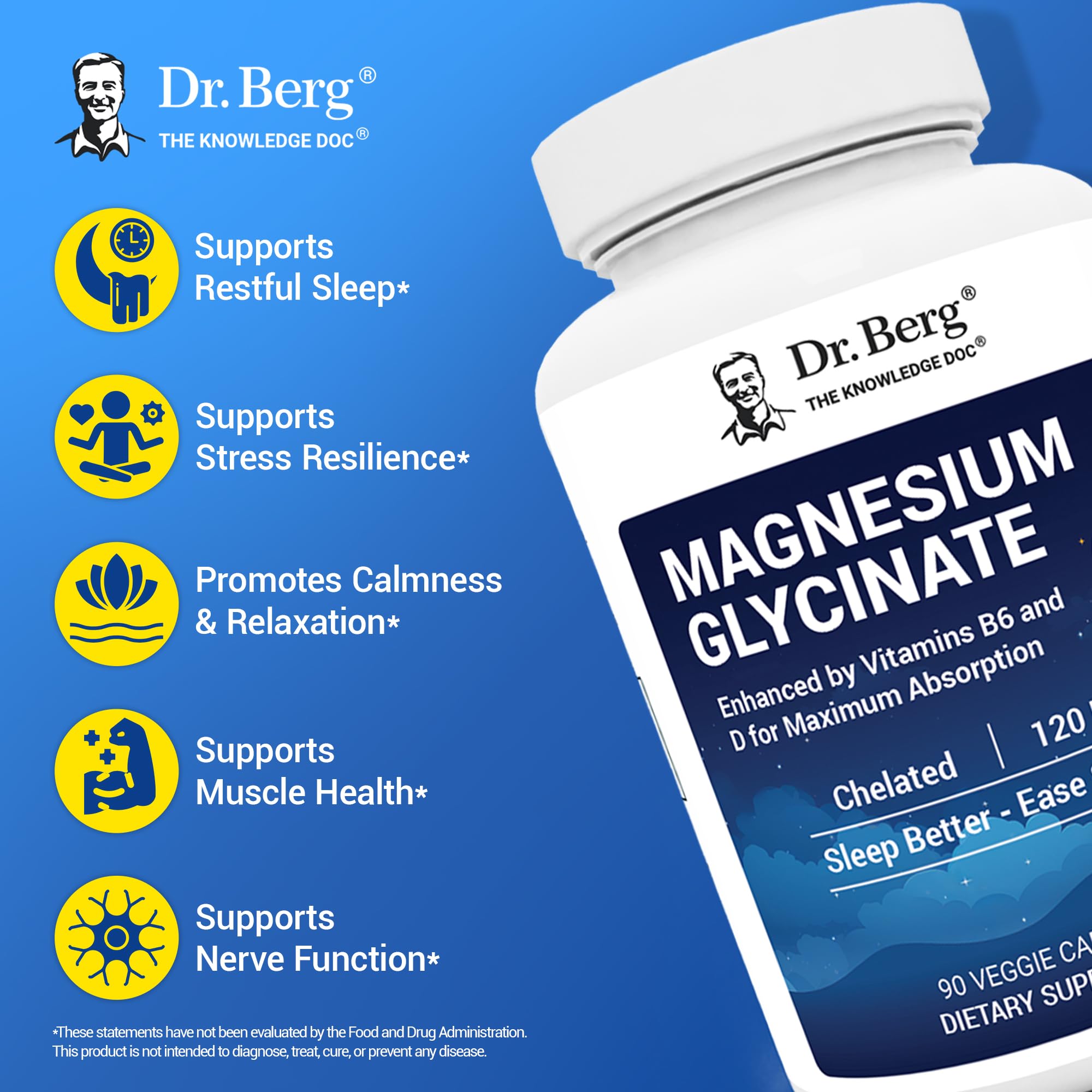 Dr. Berg Magnesium Glycinate with Vitamin D, B6 & Zinc for Stress Relief, Calm, Relaxation, & Good Sleep* - 120 mg Per Magnesium Bisglycinate Capsule - Chelated Magnesium Glycinate - 90 Caps