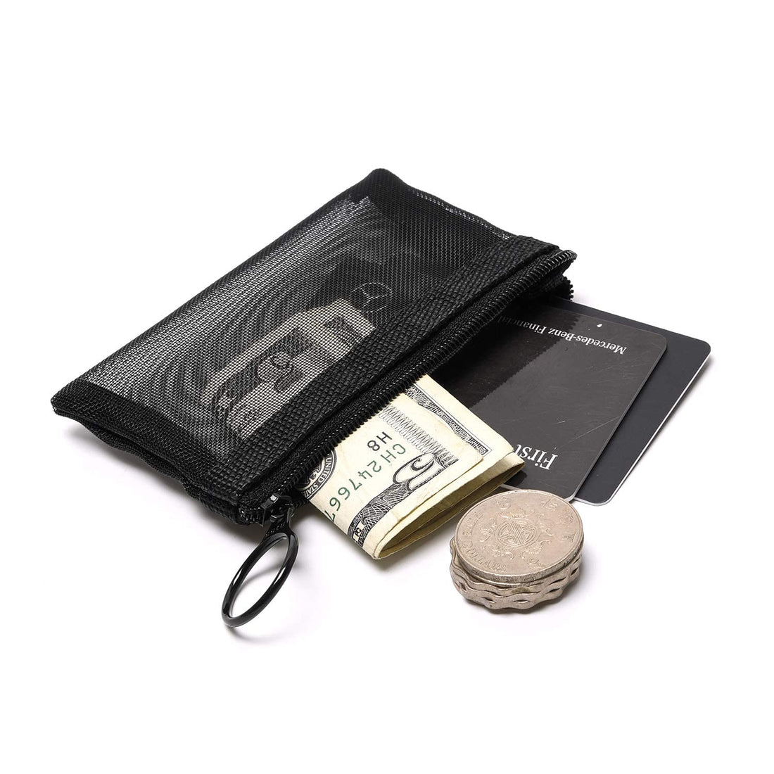 Patu Mini Zipper Mesh Bags, 3 x 4, Size XS / A8, 5 Pieces, Keychain Pouch Key Holder, Coin Purse, Clear Travel Kit Small Item Cosmetic Organizer, Black