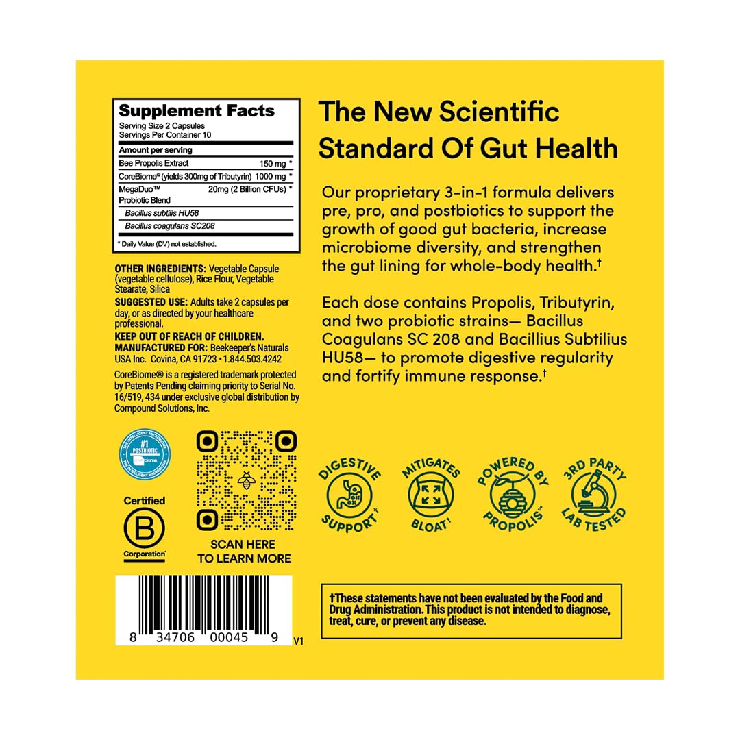 Beekeeper's Naturals Complete Gut Health, 3-in-1 Prebiotic, Postbiotic, Probiotics for Digestive Health & Bloating Relief for Women & Men, Propolis Powered, Gluten-Free Vegan Capsules, 20ct