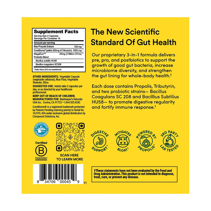 Beekeeper's Naturals Complete Gut Health, 3-in-1 Prebiotic, Postbiotic, Probiotics for Digestive Health & Bloating Relief for Women & Men, Propolis Powered, Gluten-Free Vegan Capsules, 20ct