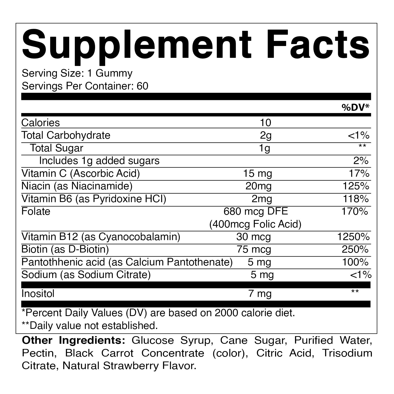 Vitamatic Vitamin B Complex Gummies with Vitamin C & Inositol - Natural Strawberry Flavor - 60 Gummies (1 Bottle)