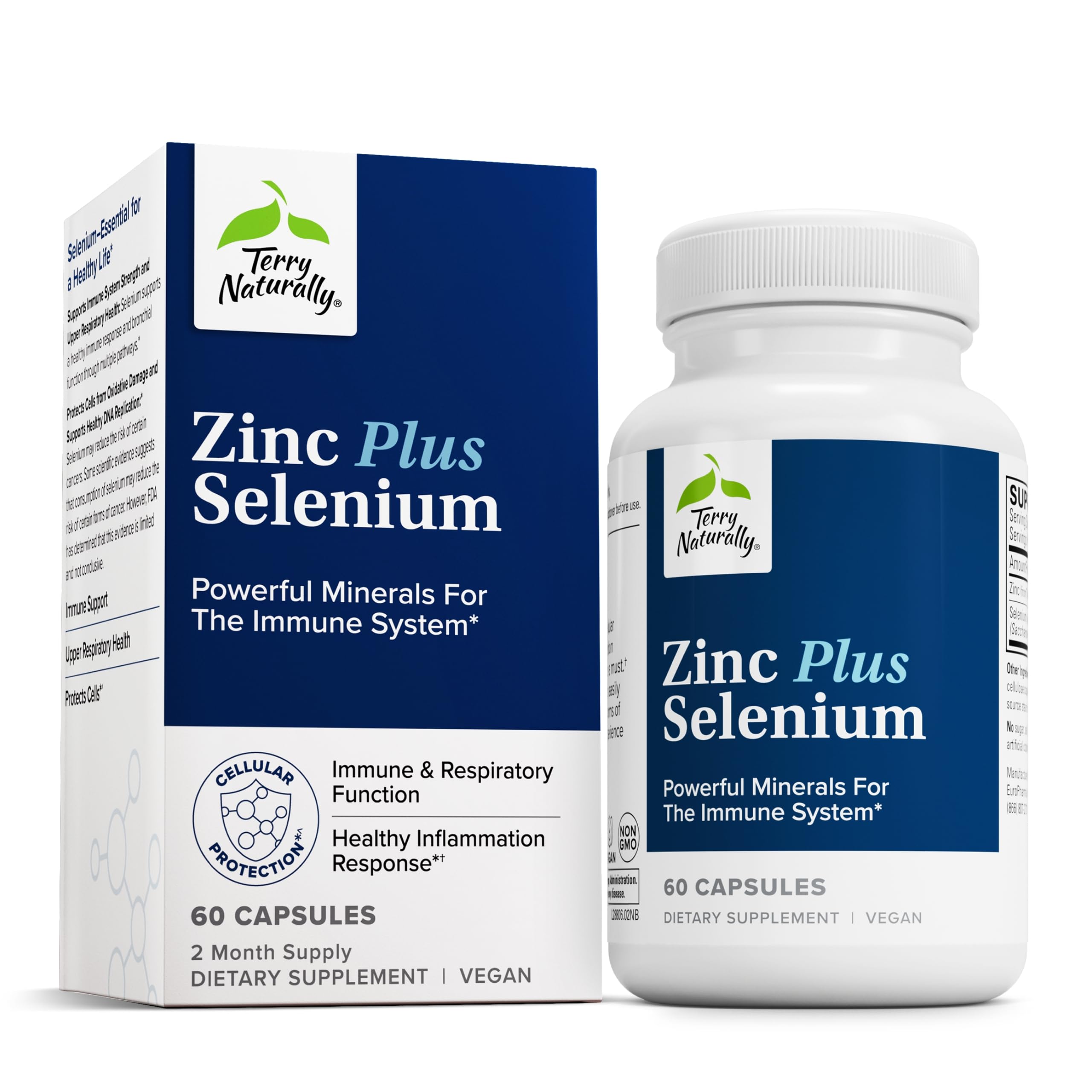 Terry Naturally Zinc Plus Selenium - 60 Capsules - Immune Support, Respiratory Function, Cellular Protection - Non-GMO, Vegan - 60 Servings