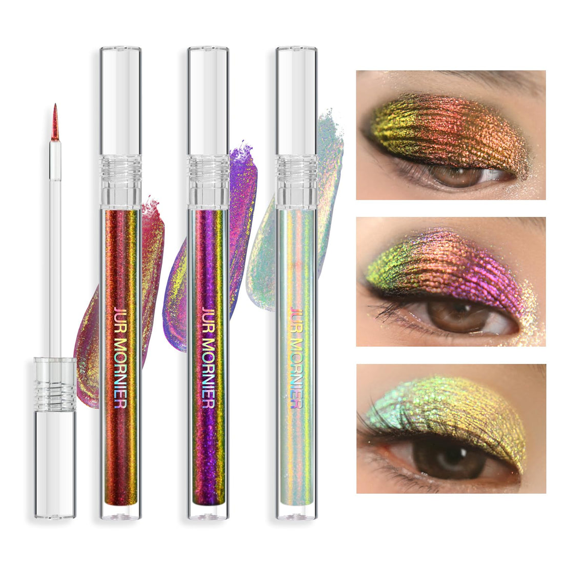 JUR MORNIER Multichrome Liquid Eyeshadow Set,3 Colors Multi-Dimensional Eye Liner Makeup,High Pigment Waterproof Metallic Eyeshadow,Ultre Fine Tip Glitter Eyeshadow (101+102+103)