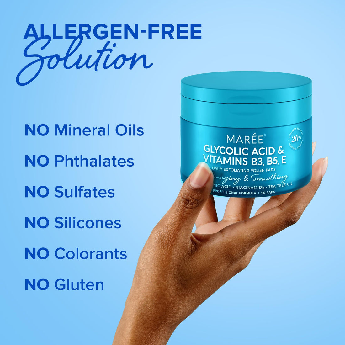 MAREE Glycolic Acid Pads - Toner Pads for Face Cleansing - Tea Tree Oil, Salicylic Acid & Vitamins E, B3, B5 - Facial Peel & Radiance Deep Cleaning Effect - 50 Count