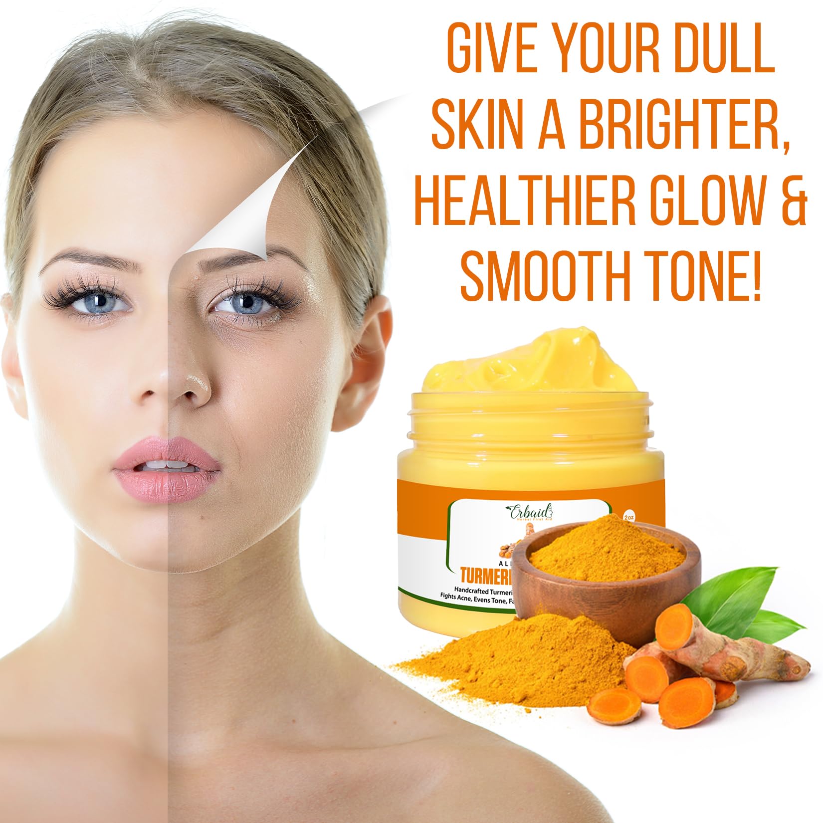 Turmeric Face Cream for Face & Body - All Natural Turmeric Skin Brightening Lotion - Turmeric Cleanses Skin, Fights Acne, Evens Tone, Fades Scars, Sun Damage, & Age Spots - Handcrafted Made in USA