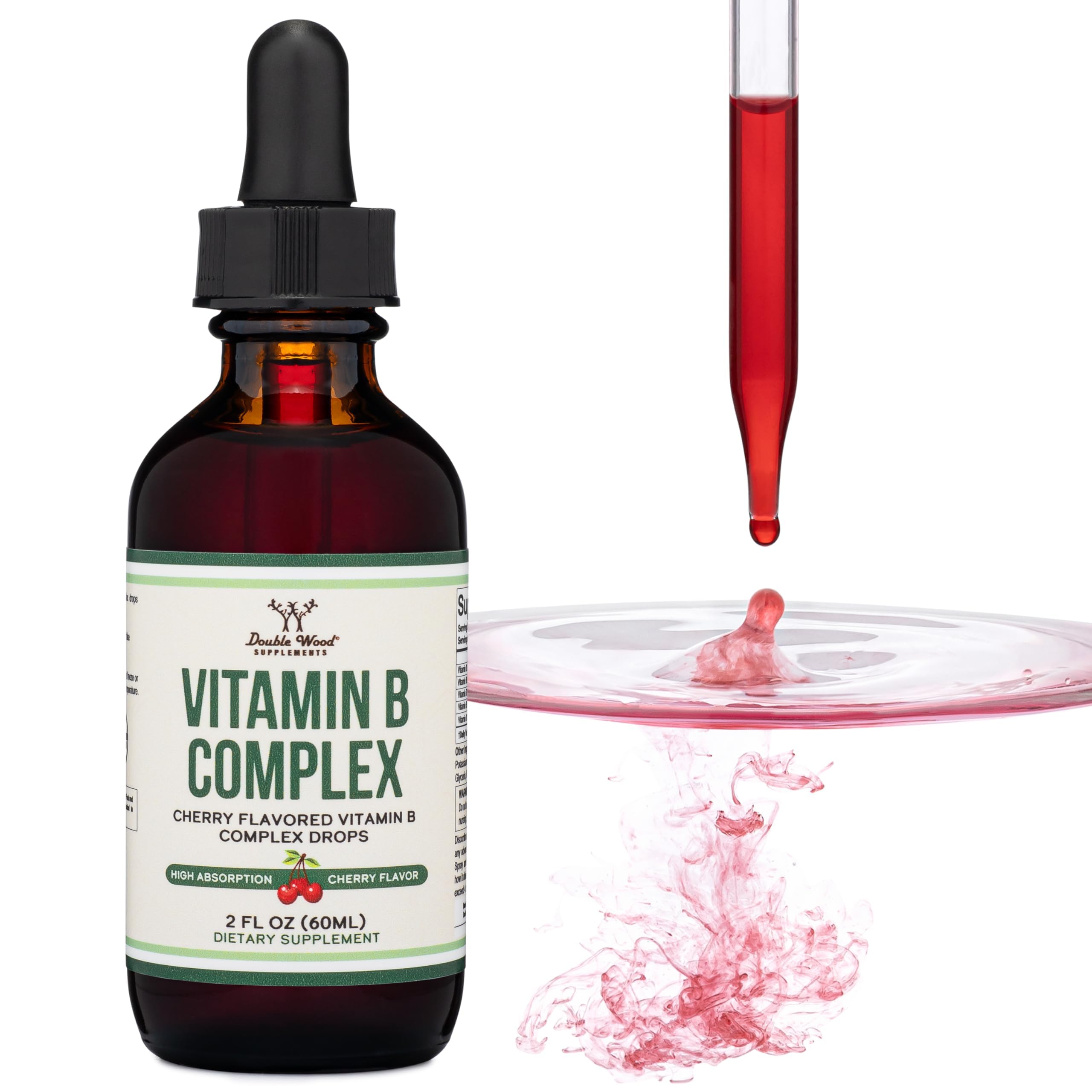 Double Wood Supplements Liquid Vitamin B Complex - 2 Month Supply - Max Absorption - B3, B6, B7 (Biotin), B9, and Vitamin B12 - Cherry Flavor - 2 FL OZ