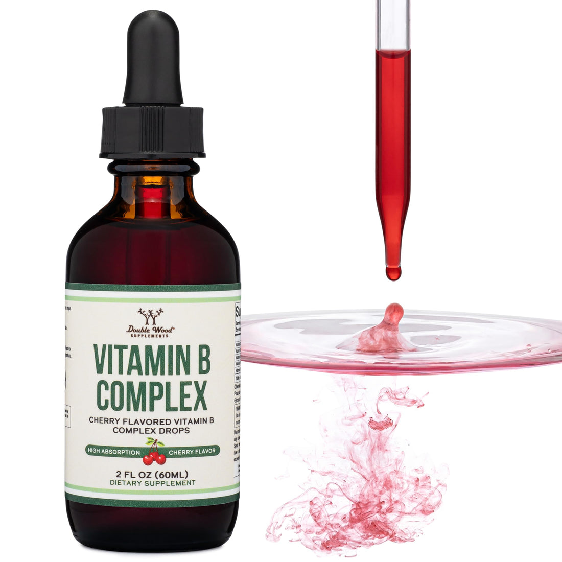 Double Wood Supplements Liquid Vitamin B Complex - 2 Month Supply - Max Absorption - B3, B6, B7 (Biotin), B9, and Vitamin B12 - Cherry Flavor - 2 FL OZ