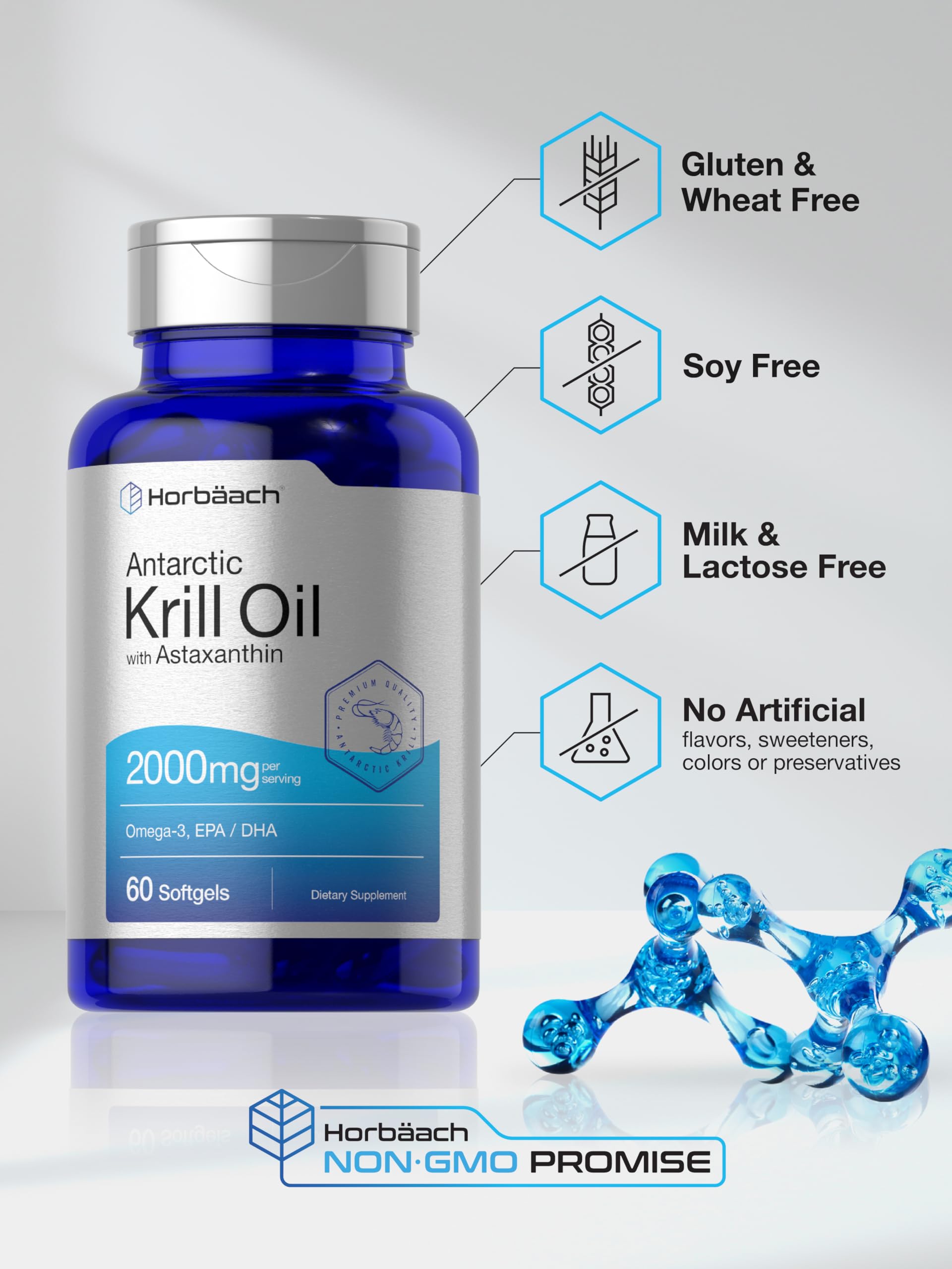 Horbäach Antarctic Krill Oil 2000mg | 60 Softgel Capsules | Omega-3, EPA, DHA Supplement | with Astaxanthin | Non-GMO, Gluten Free