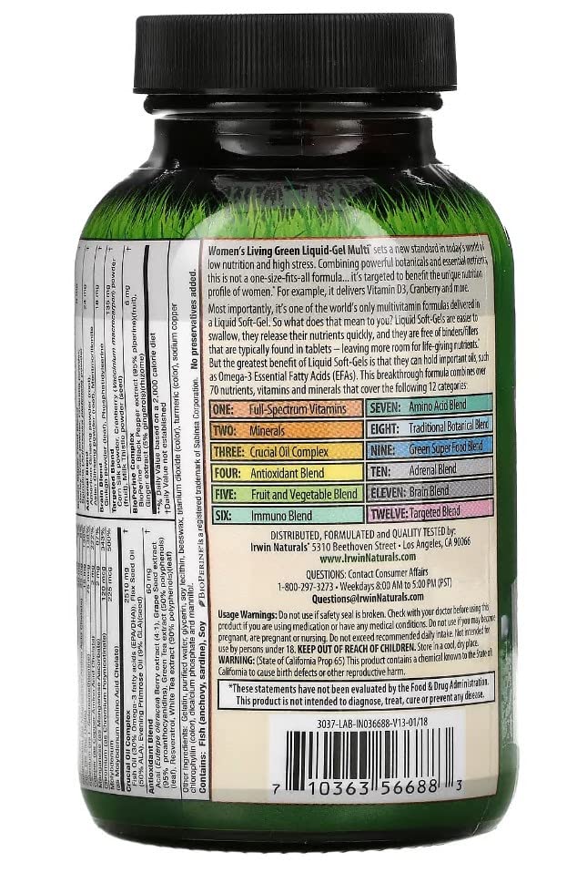 Irwin Naturals Women's Living Green Liquid-Gel Multi Vitamin - 90 Liquid Softgels - 70 Essential Nutrients, Full-Spectrum Vitamins, Wholefood Blend - Targeted Adrenal & Brain Support-30 Total Servings