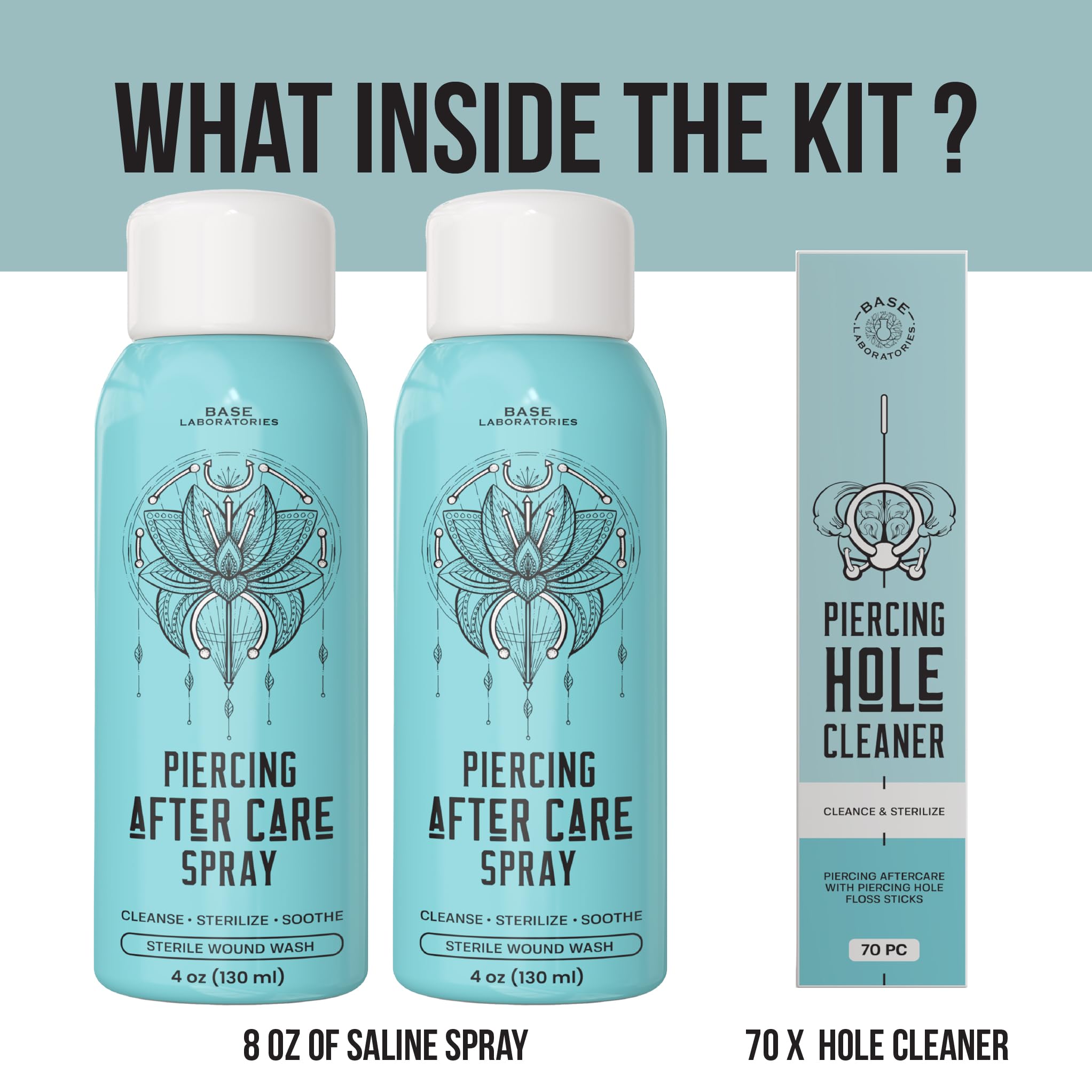 BASE LABORATORIES Piercing Aftercare Spray 4oz | Saline Spray for Piercings | Ear Piercing Cleaner | Saline Solution for Piercings | Keloid Bump Removal for Ears, Belly Nose Piercings - 2PK