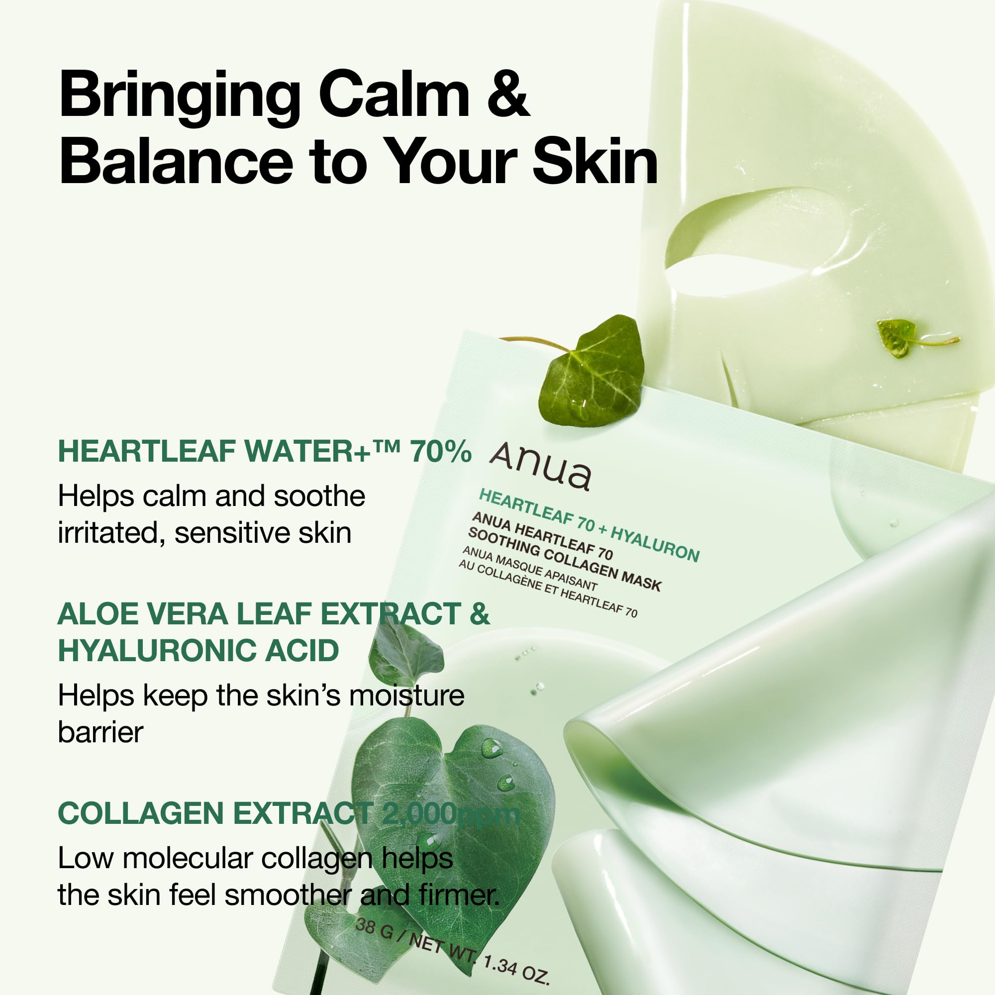 ANUA Heartleaf 70 Soothing Collagen Mask, Overnight Face Mask for Glass Skin, hyaluronic acid, Collagen, Soothing & hydration Facial Mask for Sensitive Skin, Natural Color, Korean Skin Care (38g, 4ea)