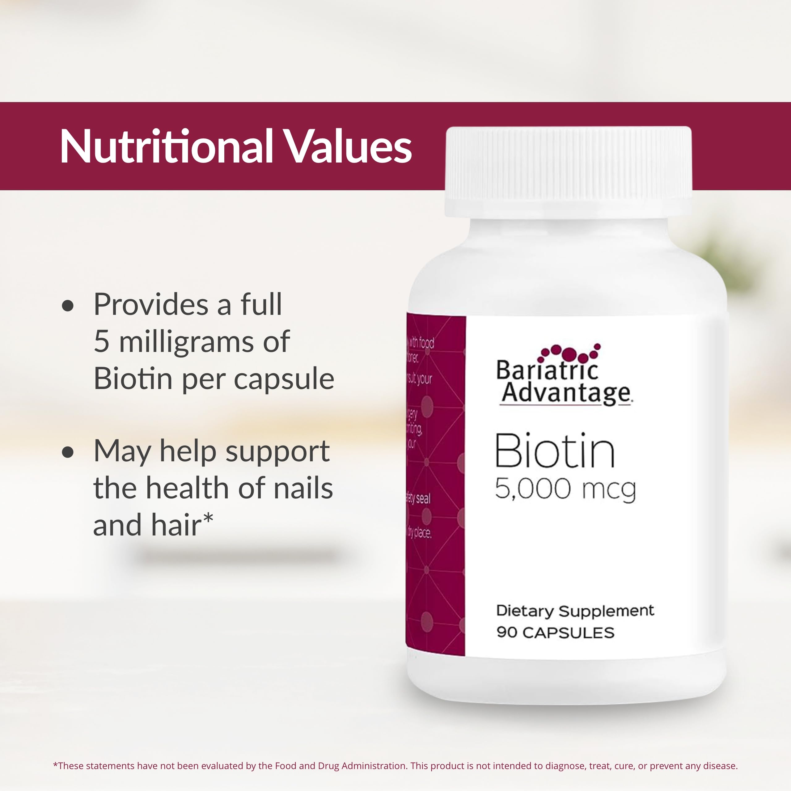 Bariatric Advantage Biotin 5,000 mcg - for Bariatric Surgery Patients - Easy-Digest Mini Capsules - Biotin Supplement - Hair, Skin & Nails Support* - 90 Count