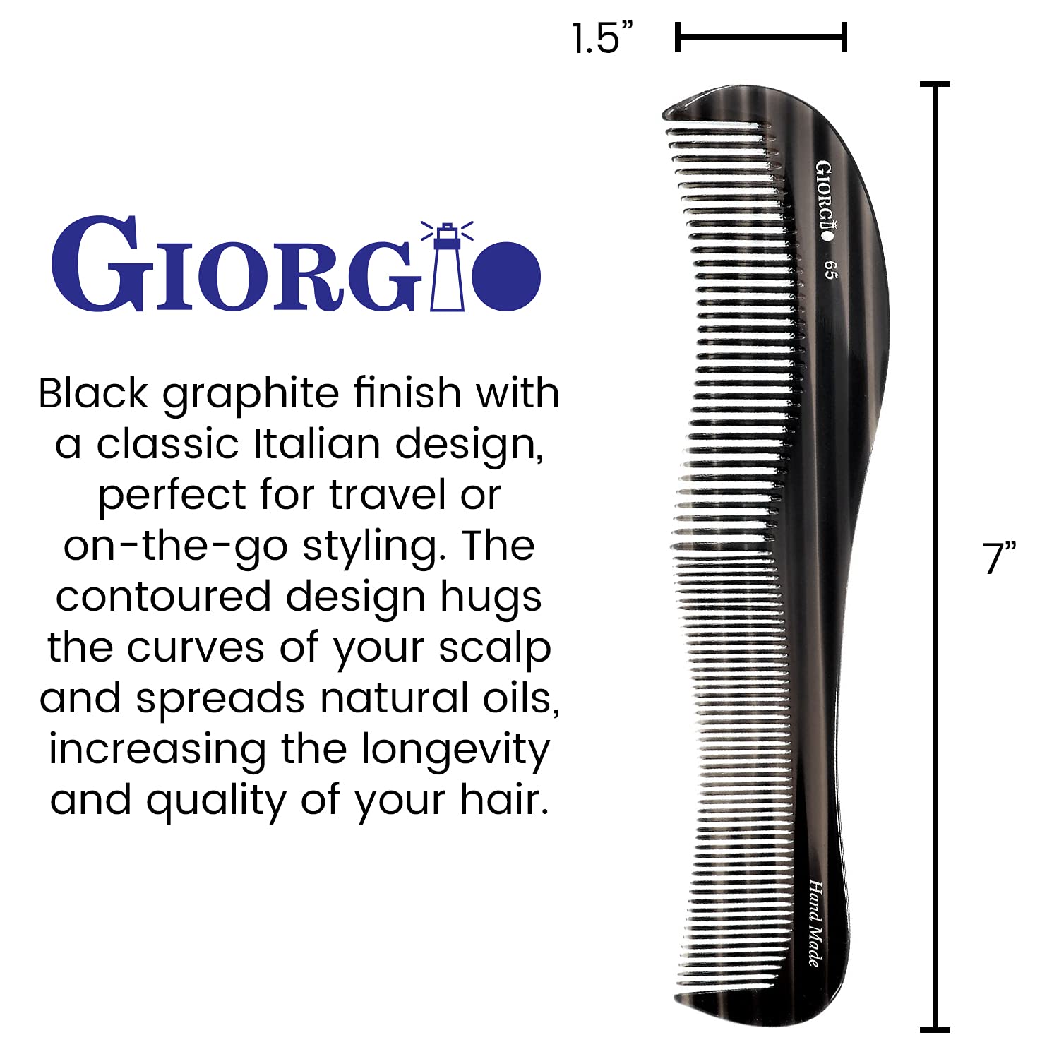 Giorgio G65 8 1/2 Handmade Black Flexible Contour Comb. Wide Teeth Flexible Comb. Hand-Made of quality.