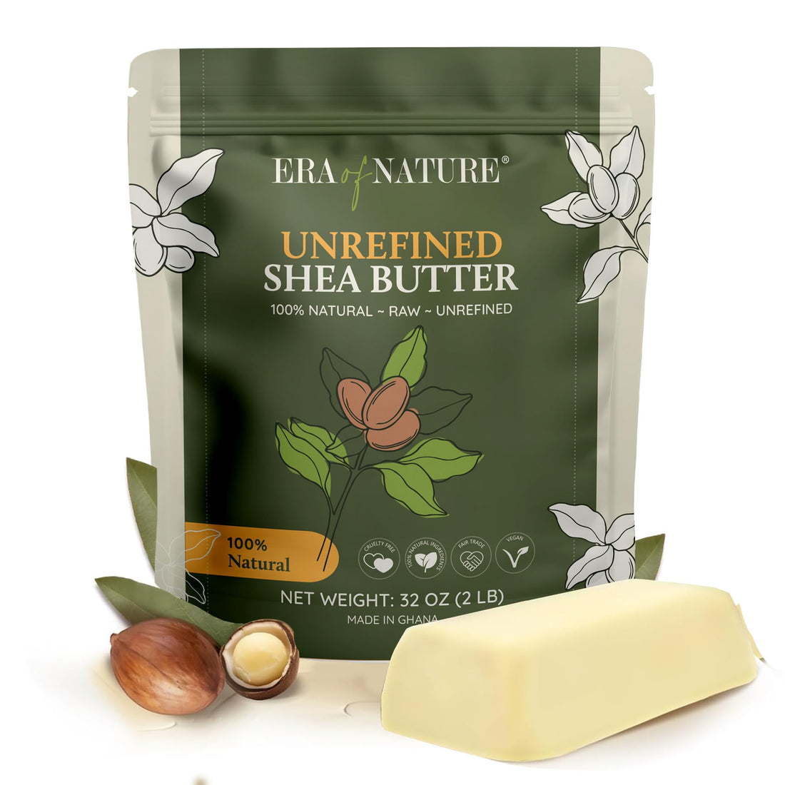 era of nature Organic Unrefined Raw African Ivory White Shea Butter 32oz - Moisturizing Raw Shea Butter Bar for Skin & Hair, DIY Lip Balm Base, Cream, Soap & Lotion Making Supplies Kit, Skincare