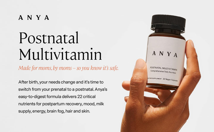 ANYA Postpartum Multivitamin, Postnatal Vitamin for Women Breastfeeding Support, 30 Capsules - Vitamins A, C, D3, Zinc, Methyl B12, Biotin, Folate and Iron - 100% Vegan, Non-GMO, Gluten & Dairy Free