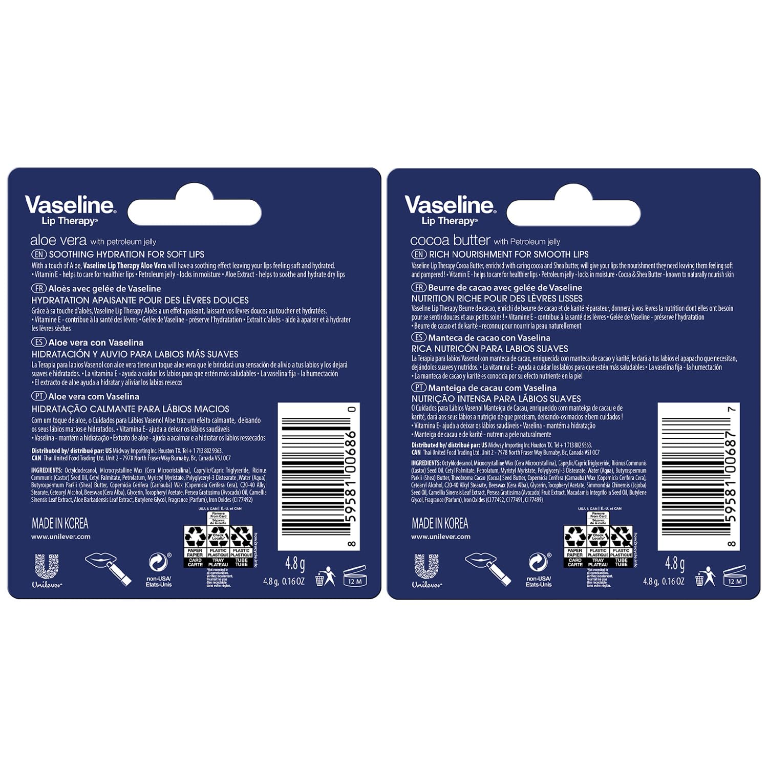 Vaseline Lip Therapy Variety 4-Pack – Cocoa Butter + Aloe Vera Moisturizing Lip Balm with Vitamin E, 0.16 Oz Ea