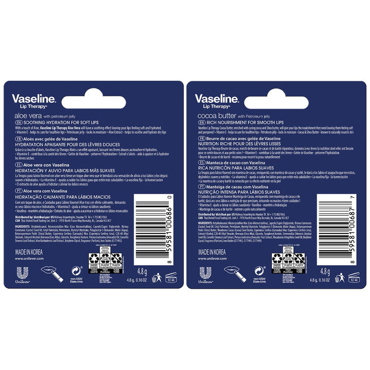 Vaseline Lip Therapy Variety 4-Pack – Cocoa Butter + Aloe Vera Moisturizing Lip Balm with Vitamin E, 0.16 Oz Ea