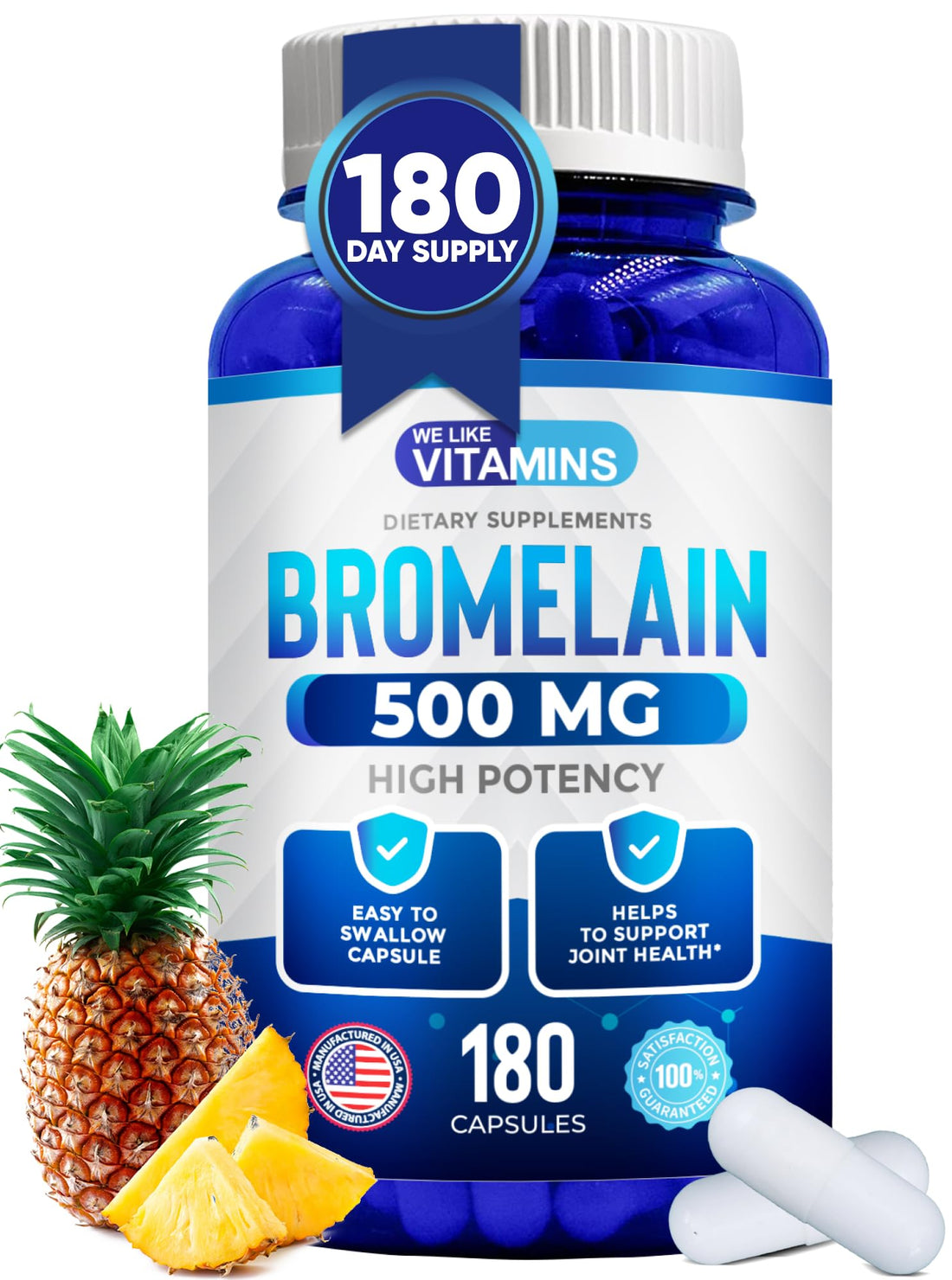 We Like Vitamins Bromelain 500mg Capsules - 2400GDU/g - Bromelain Supplement from Pineapple Extract - Proteolytic Enzymes for Digestion, Absorption, Joint Pain, Muscle Soreness - 180 Capsules
