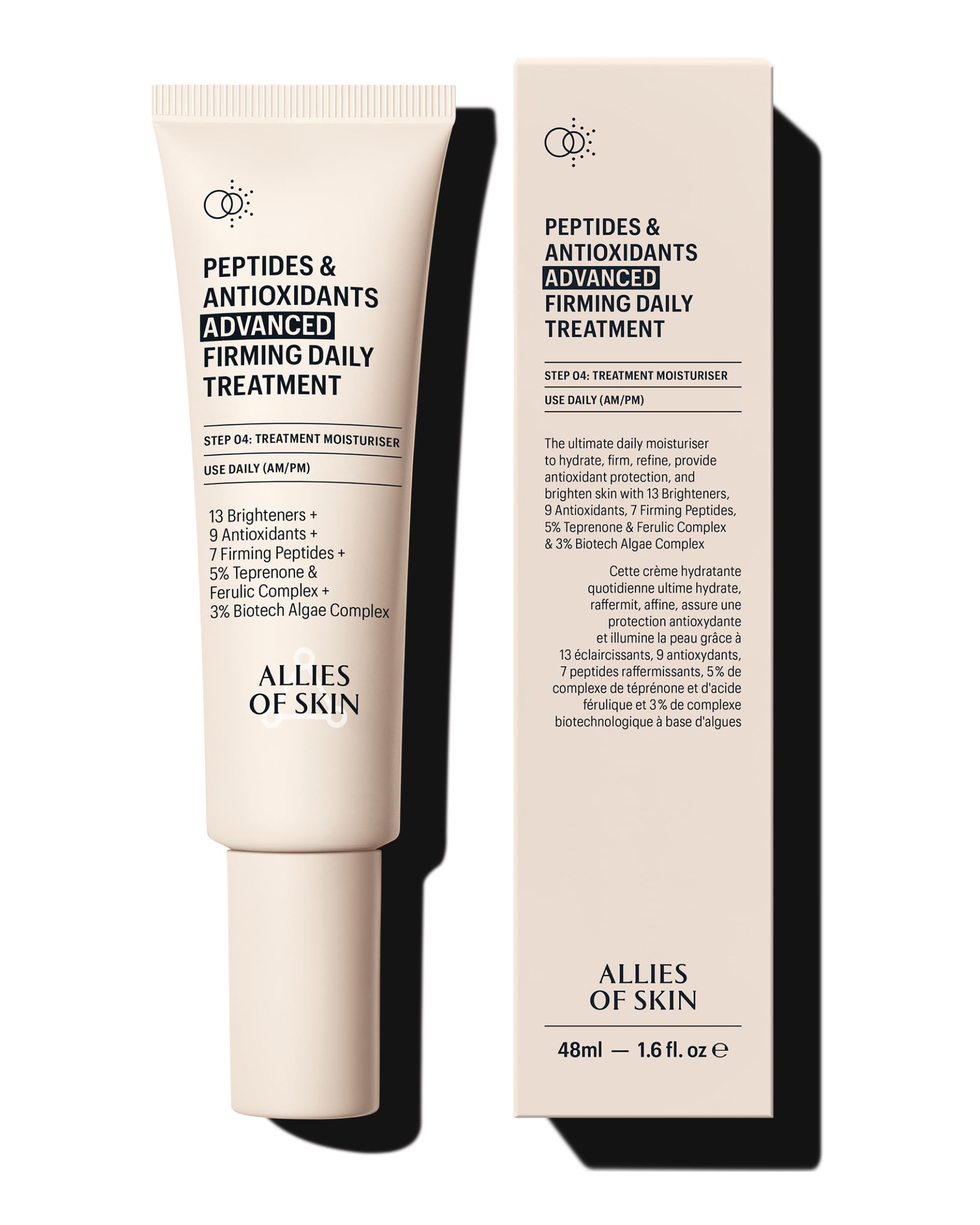 Allies of Skin Peptides & Antioxidants Advanced Firming Daily Treatment with 13 Brighteners, 9 Antioxidants, 7 Firming Peptides, 5% Teprenone & Ferulic Complex and 3% Biotech Algae Complex 48ml/1.6oz