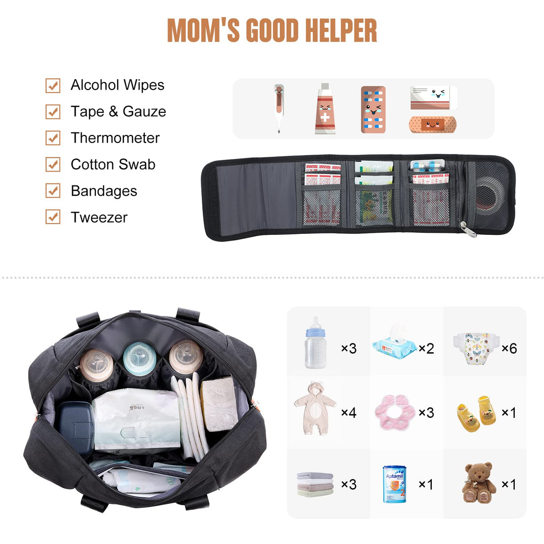 LOVEVOOK Diaper Bag Tote, Large Baby Bag, Travel Diaper Tote for Mom and Dad with Changing Pad and First Aid purse, Dark Gray