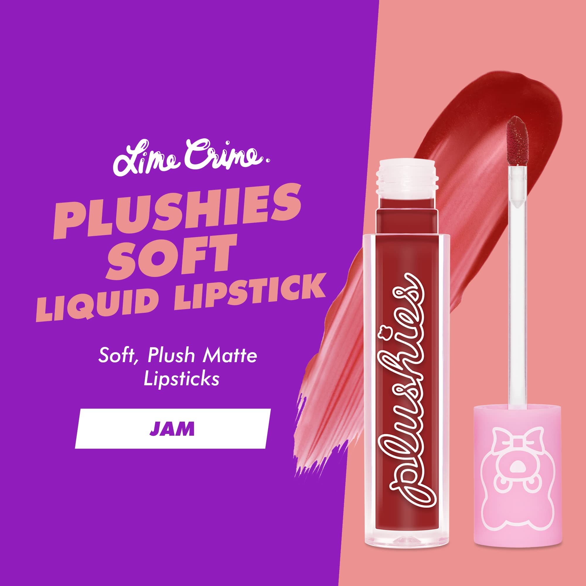 Lime Crime Plushies Soft Matte Lipstick, Jam - Deep Red - Blackberry Candy Scent - Long Lasting, Nude Lips - Soft Focus, Non-Opaque Lip Veil - 0.11 fl oz