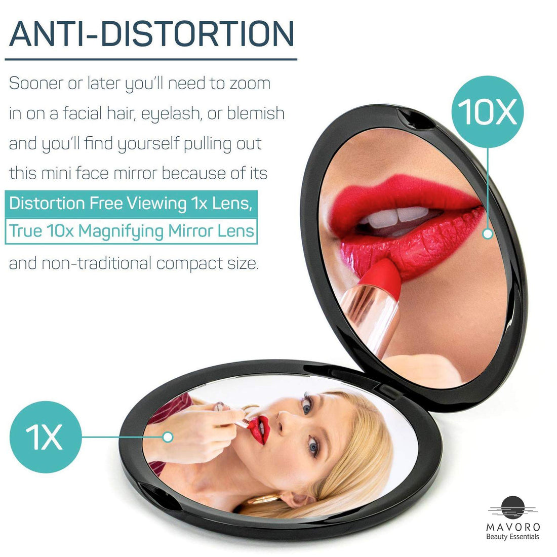 Magnifying Compact Mirror for Purses, 1x/10x Magnification – Double Sided Travel Makeup Mirror, 4 Inch Small Pocket or Purse Mirror. Distortion Free Folding Portable Compact Mirrors (Black)