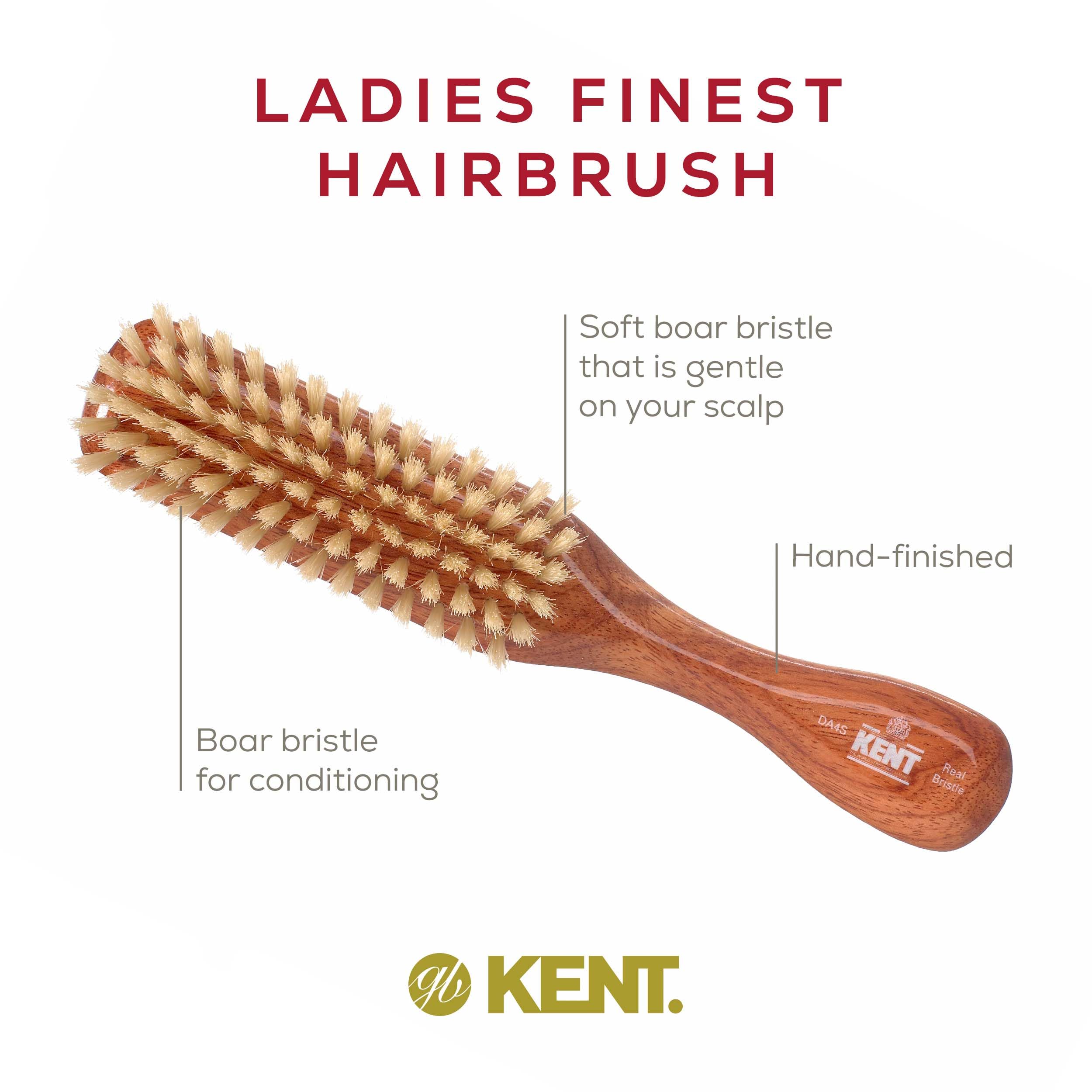 Kent DA4S Satinwood Premium Soft Pure Bristle Hair Brush for Fine and Thinning Hair