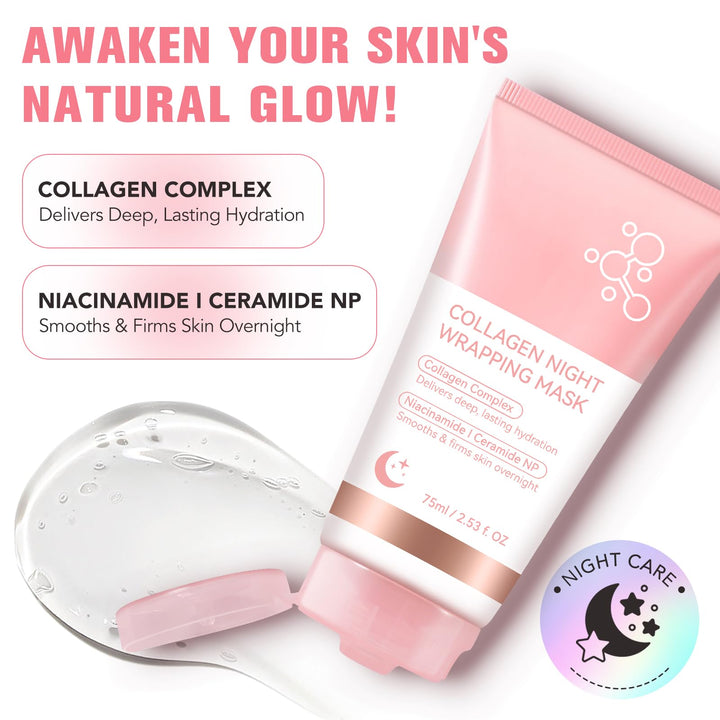 Collagen Night Wrapping Mask 2PACK, Overnight Peel Off Face Mask Wrapping, Collagen Face Mask with Brush, Hydrates Tightens Skin, Reduces Sagging, Elasticity & Hydration Care, 75ML*2