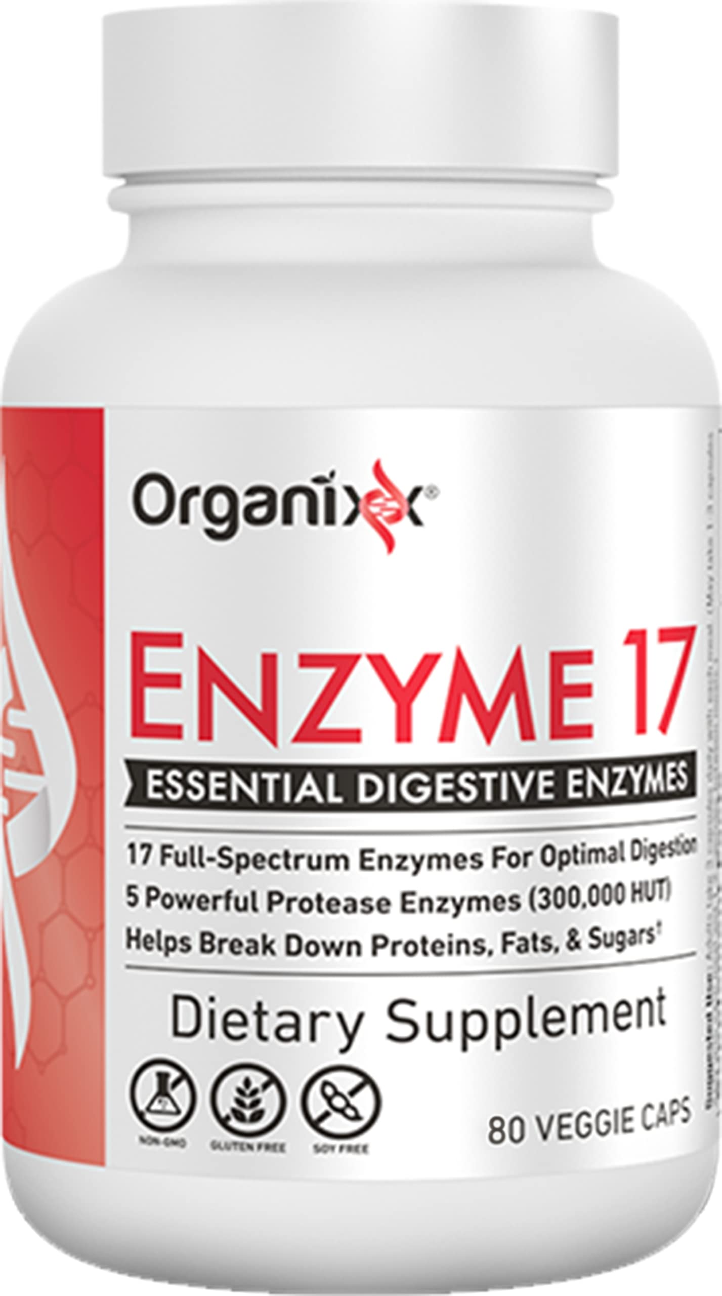 Organixx Enzyme 17 Essential Digestive Enzymes for Women & Men, For Gut Health & Optimal Digestive Health, Support for Bloating, Gas, Nutrient Absorption & Immunity, Vegan, Non GMO, 80 Veggie Capsules