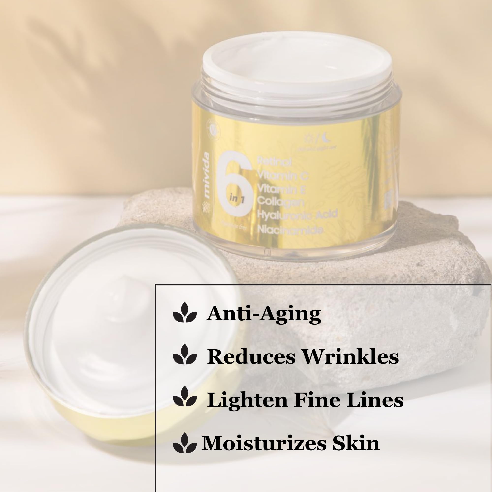 mivida Advanced Retinol Cream for Face & Neck | 6-in-1 Anti-Aging Moisturizer with Collagen, Hyaluronic Acid, Vitamin C & E | Firming, Hydrating, Wrinkle-Reducing | Daily Face Cream - 1.7 fl oz