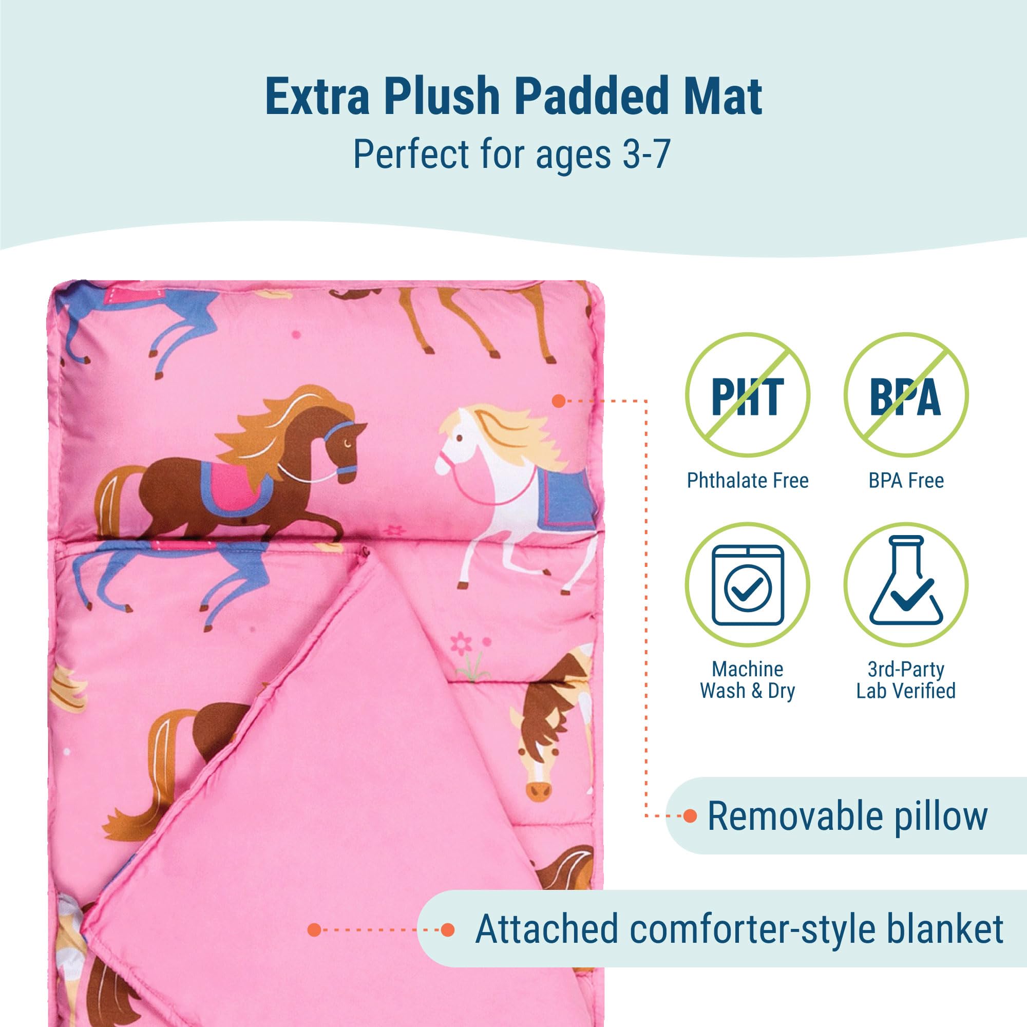 Wildkin Kids Microfiber Nap Mat – Soft Sleep Mat with Pillow, Ideal for School & Travel - Horses